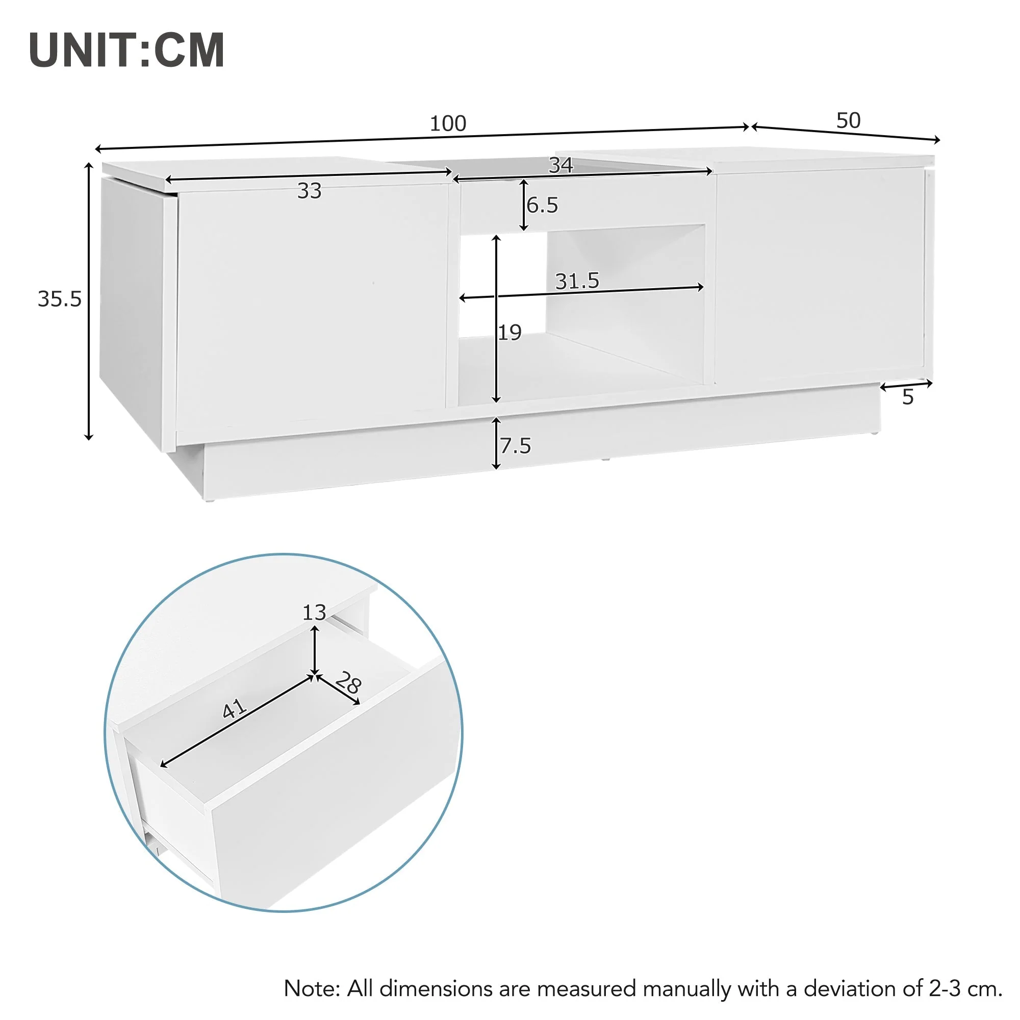 LED Coffee Table for Living Room, Modern Coffee Table with Storage with LED Lights, 2 Tiers and 2 Drawers, Large Living Room Center Tables White - Image 7