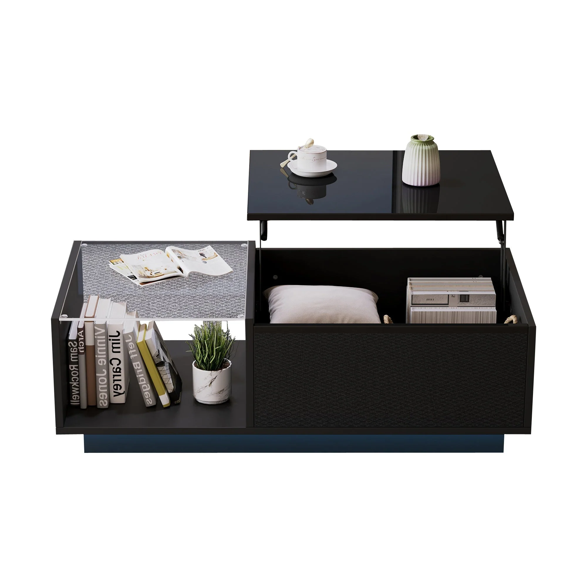 LED Coffee Table, Height-Adjustable with Hidden Storage and Shelf, High-Gloss - Image 4