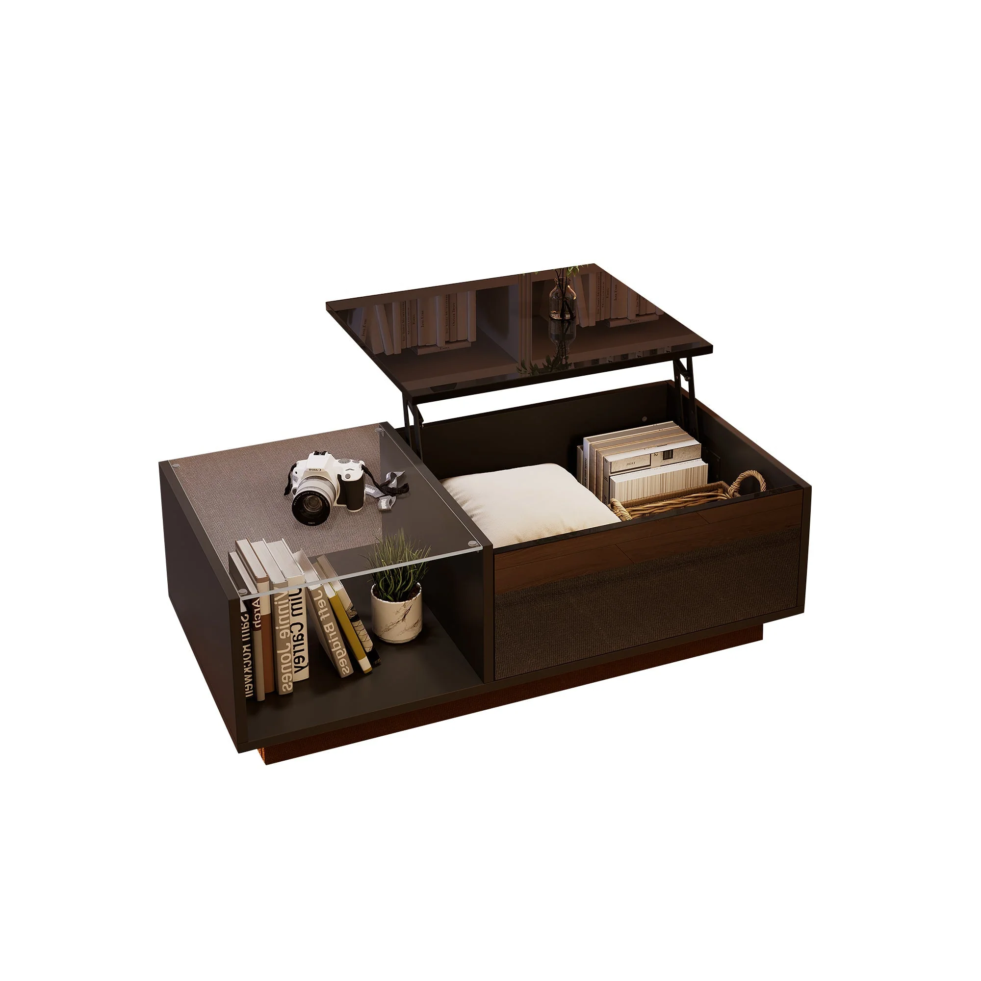 LED Coffee Table, Height-Adjustable with Hidden Storage and Shelf, High-Gloss - Image 7