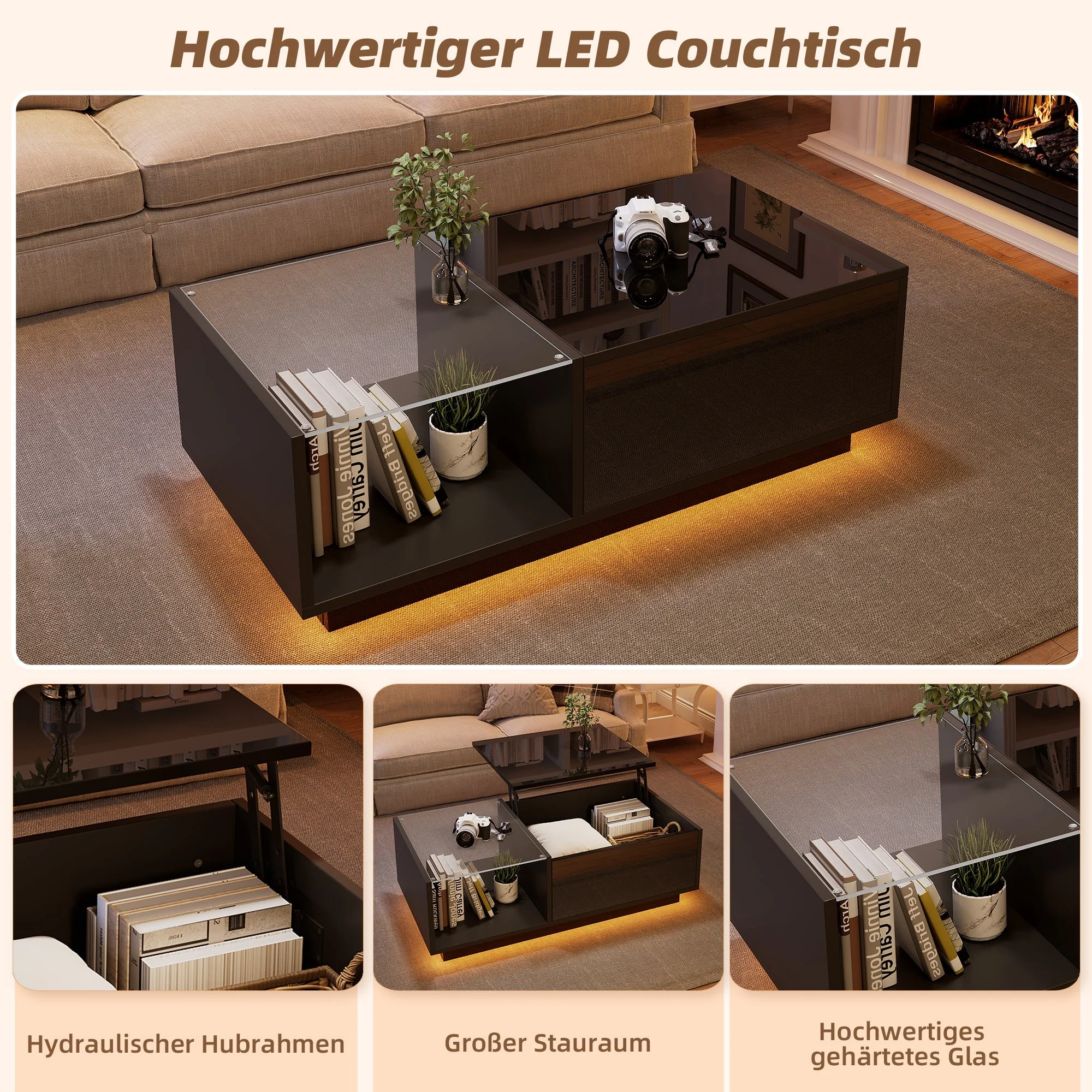 LED Coffee Table, Height-Adjustable with Hidden Storage and Shelf, High-Gloss - Image 8