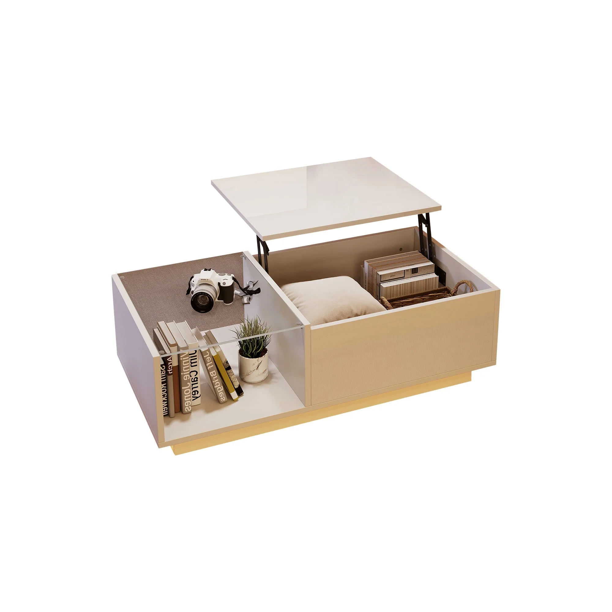 LED Coffee Table, High-Gloss Height-Adjustable Hidden Storage 50x100 cm - Image 3