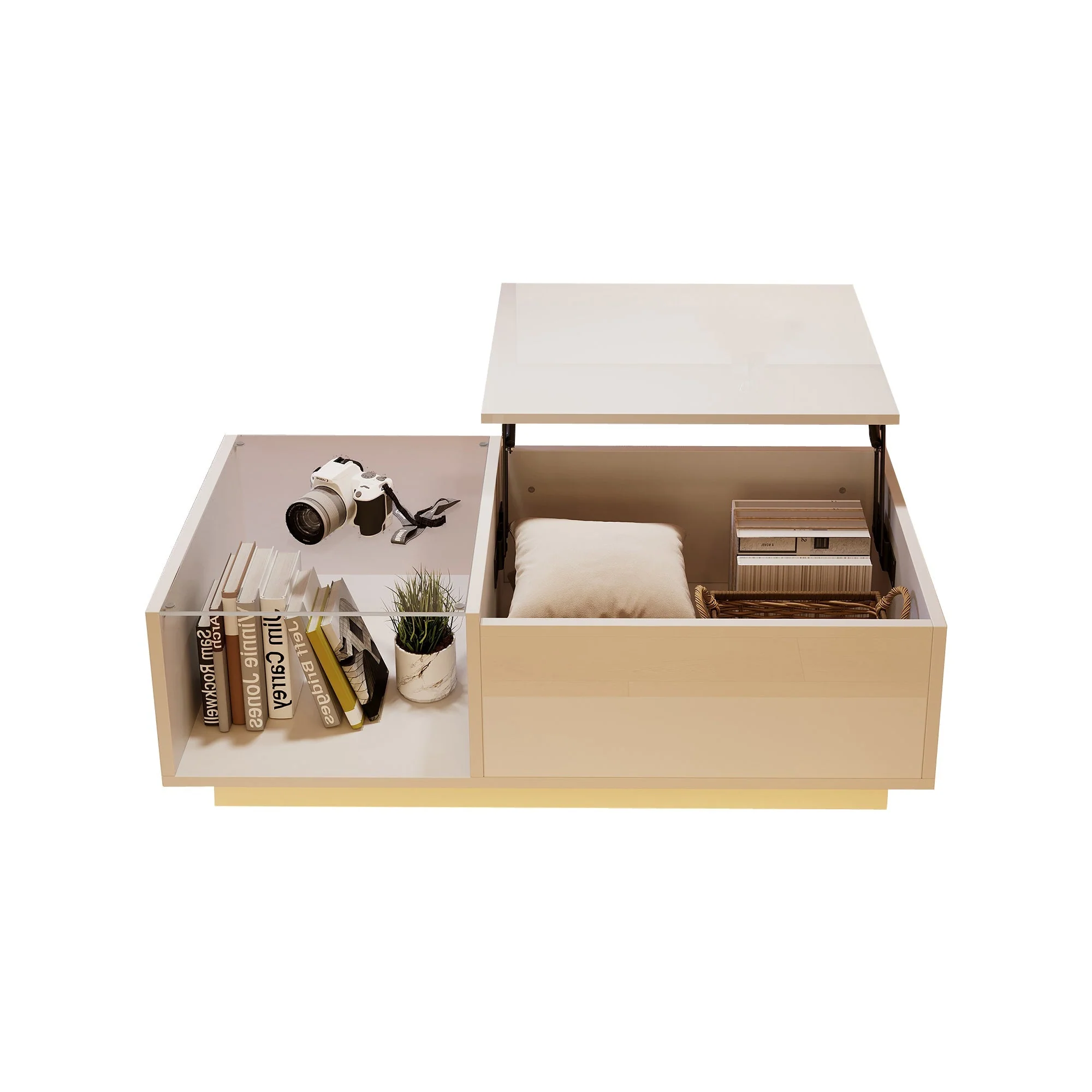 LED Coffee Table, High-Gloss Height-Adjustable Hidden Storage 50x100 cm - Image 4