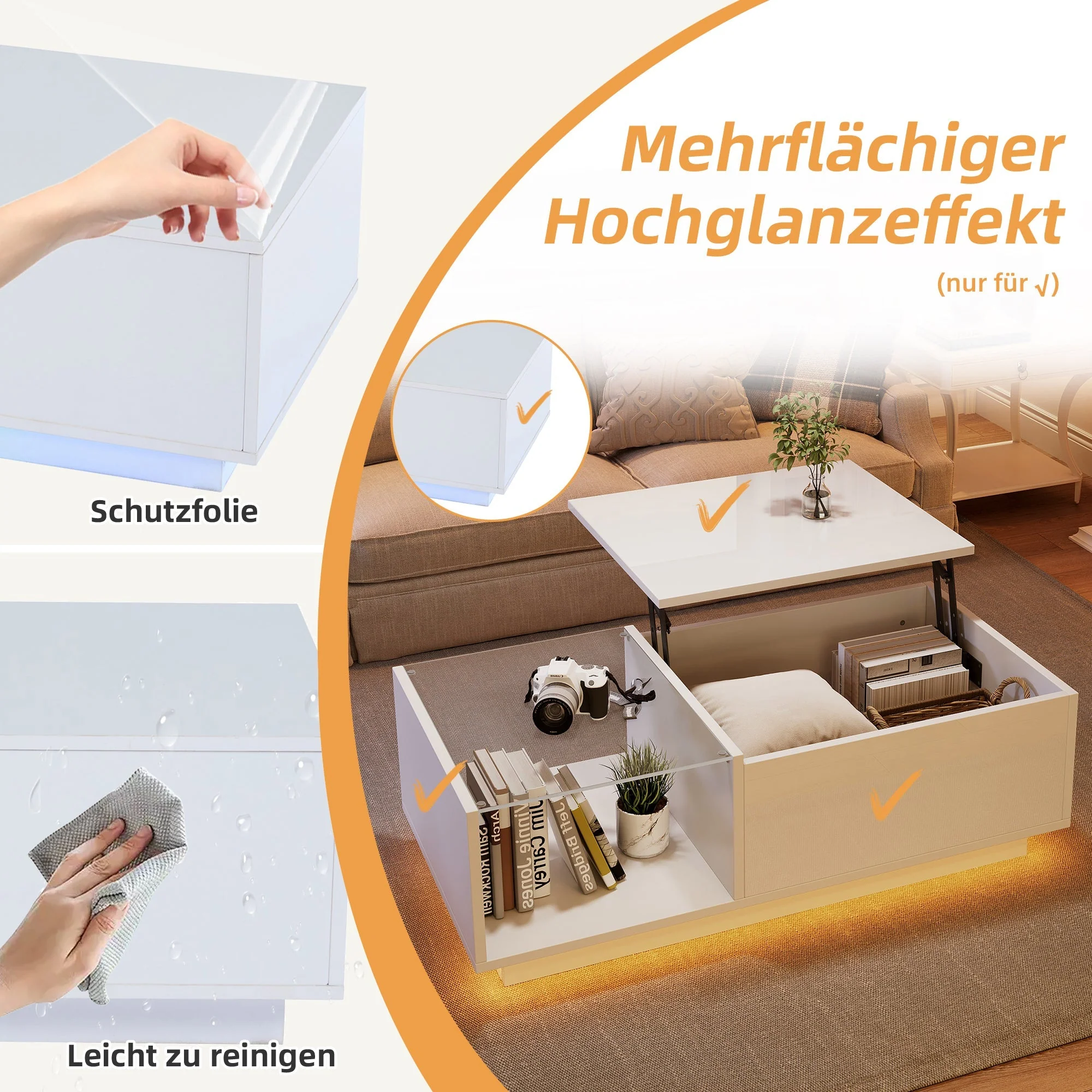 LED Coffee Table, High-Gloss Height-Adjustable Hidden Storage 50x100 cm - Image 6