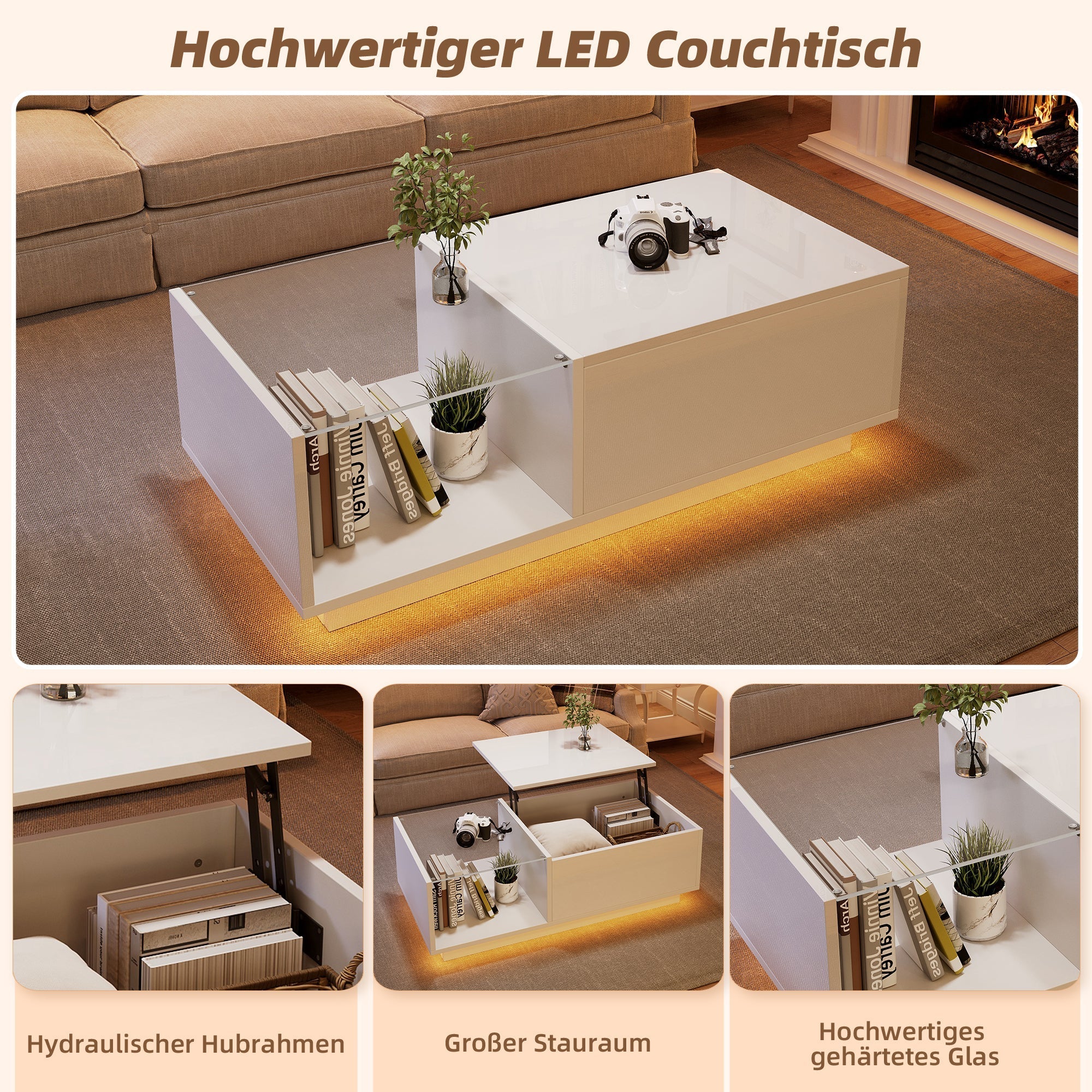 LED Coffee Table, High-Gloss Height-Adjustable Hidden Storage 50x100 cm - Image 7
