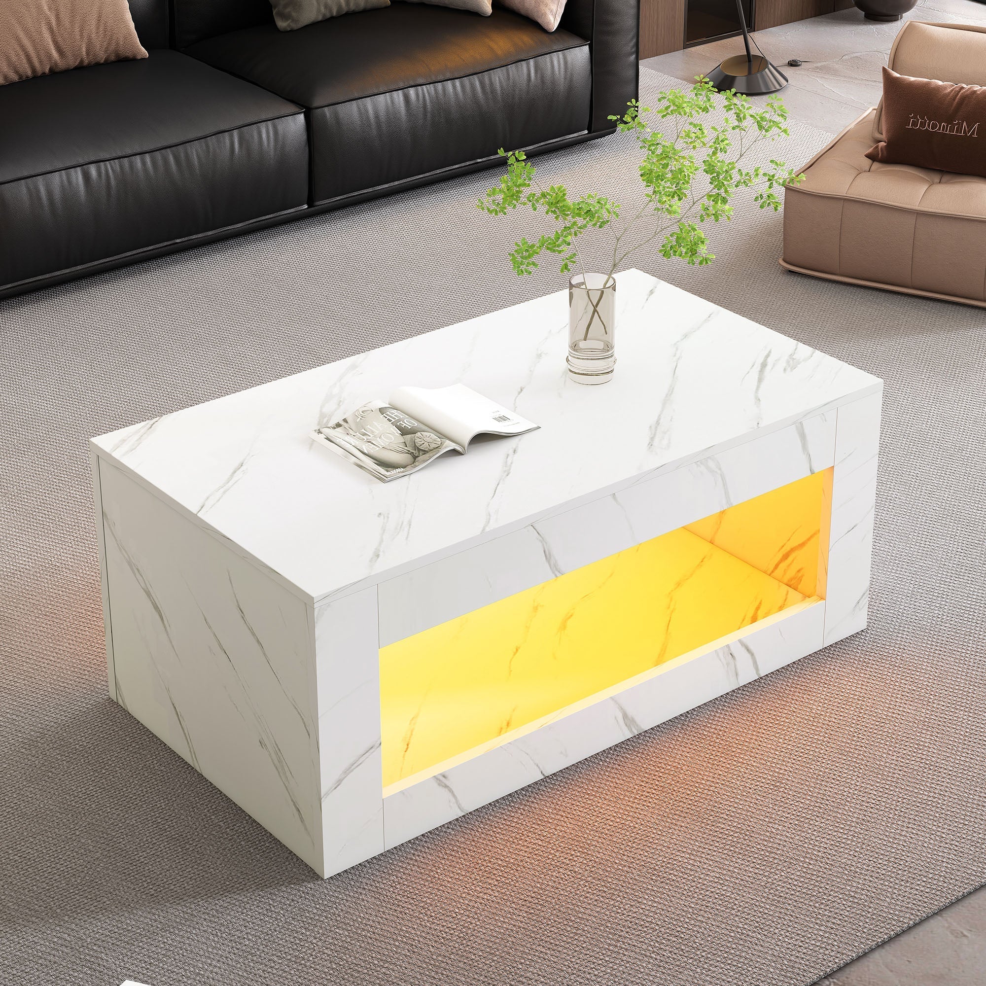 LED Coffee Table High-Gloss Remote Control Marble Print - White - Image 10