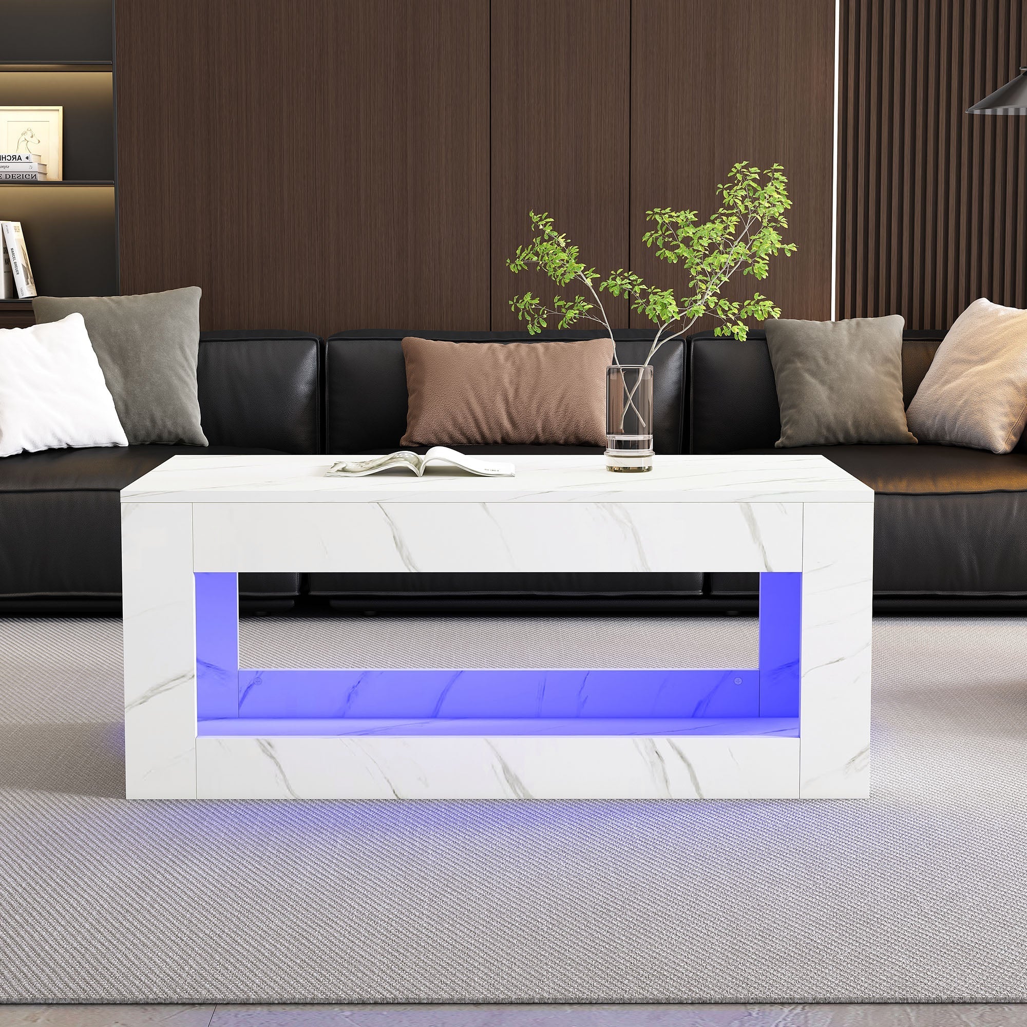 LED Coffee Table High-Gloss Remote Control Marble Print - White - Image 8
