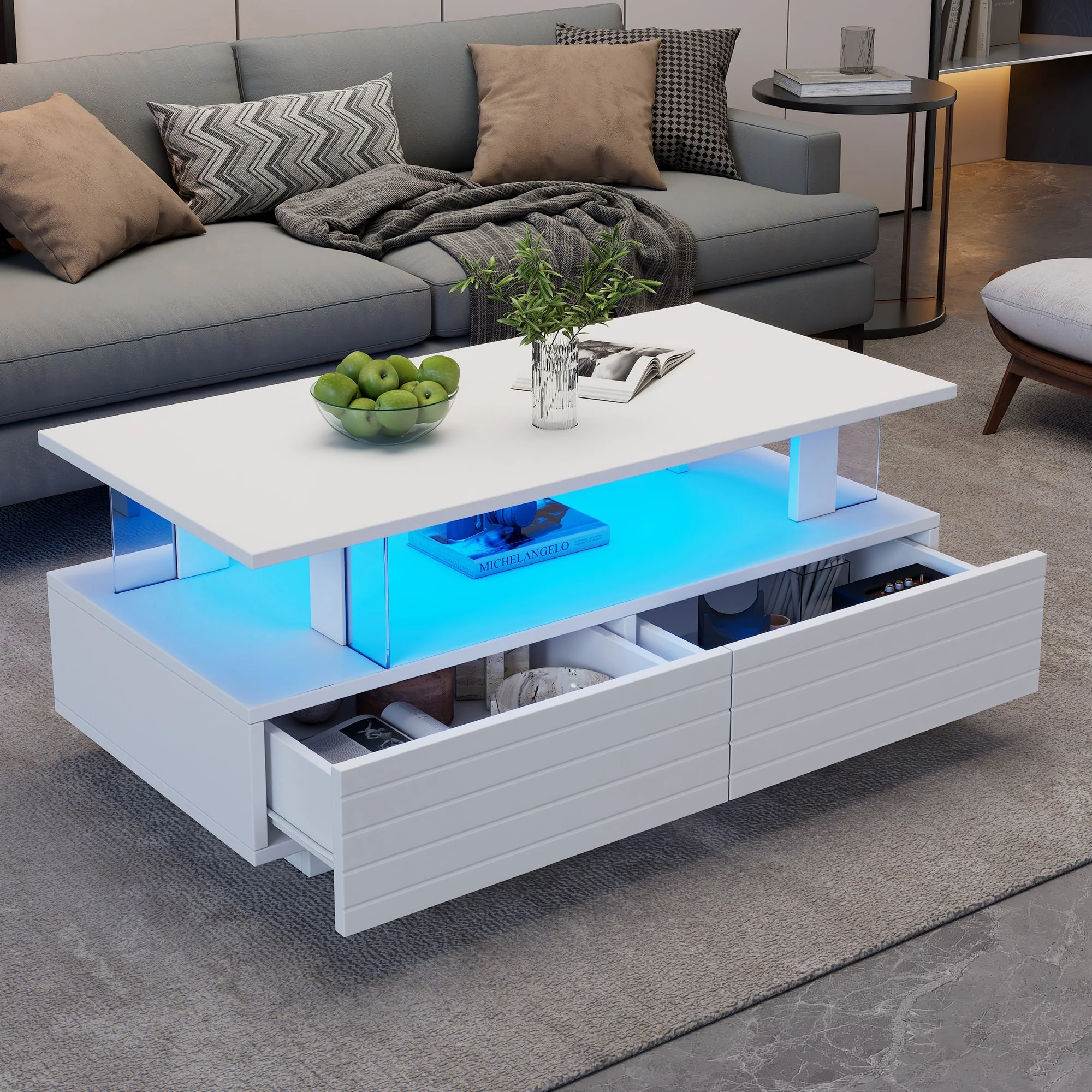 LED Coffee Table, Storage, Double-Layer Rectangular with Bluetooth App, White - Image 6