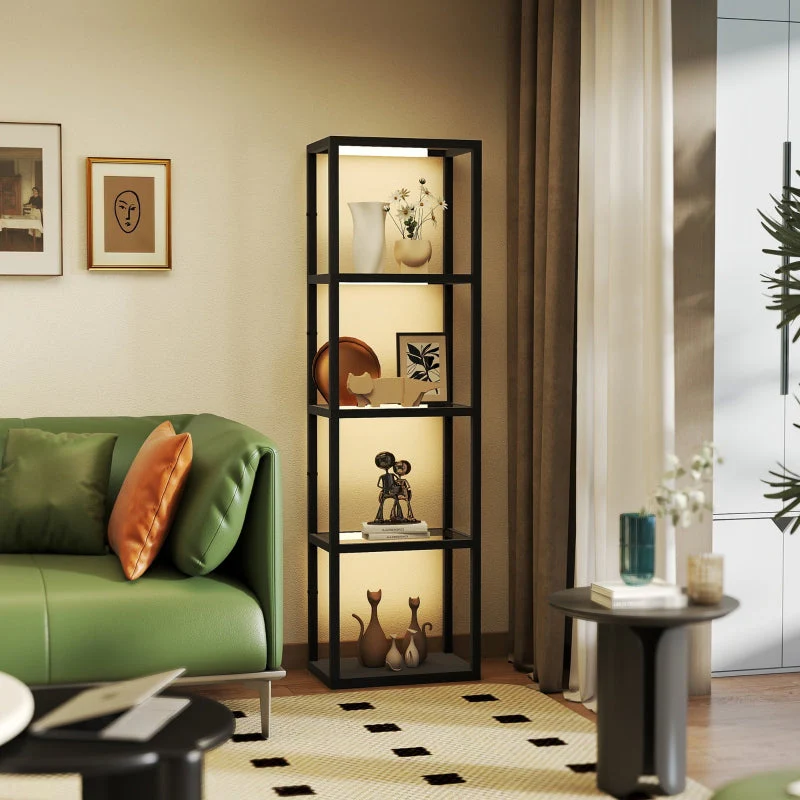 LED Floor Lamp, 4-tier Shelf with Glass Compartments, Foot Switch, Black MDF