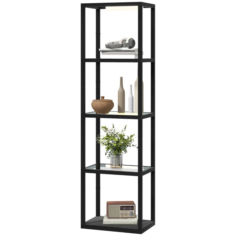 LED Floor Lamp, 4-tier Shelf with Glass Compartments, Foot Switch, Black MDF - Image 2