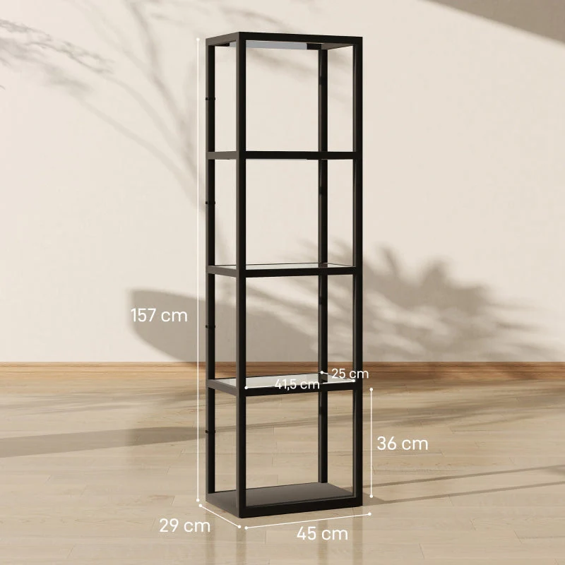 LED Floor Lamp, 4-tier Shelf with Glass Compartments, Foot Switch, Black MDF - Image 3