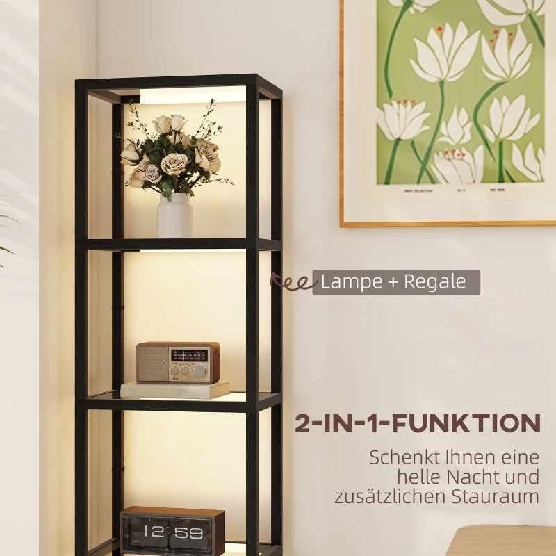 LED Floor Lamp, 4-tier Shelf with Glass Compartments, Foot Switch, Black MDF - Image 4