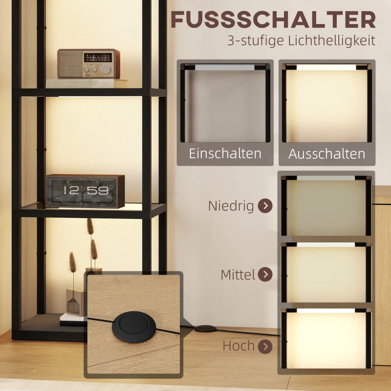 LED Floor Lamp, 4-tier Shelf with Glass Compartments, Foot Switch, Black MDF - Image 5