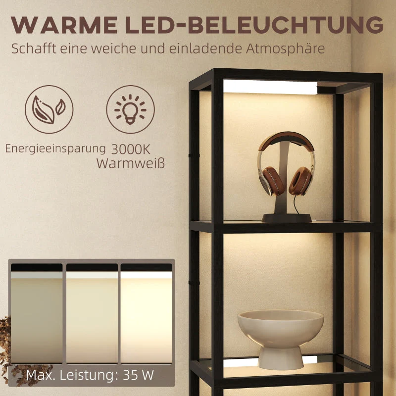 LED Floor Lamp, 4-tier Shelf with Glass Compartments, Foot Switch, Black MDF - Image 6