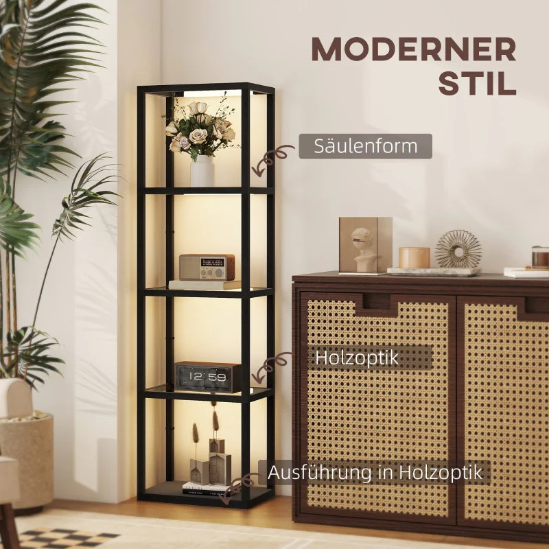 LED Floor Lamp, 4-tier Shelf with Glass Compartments, Foot Switch, Black MDF - Image 8