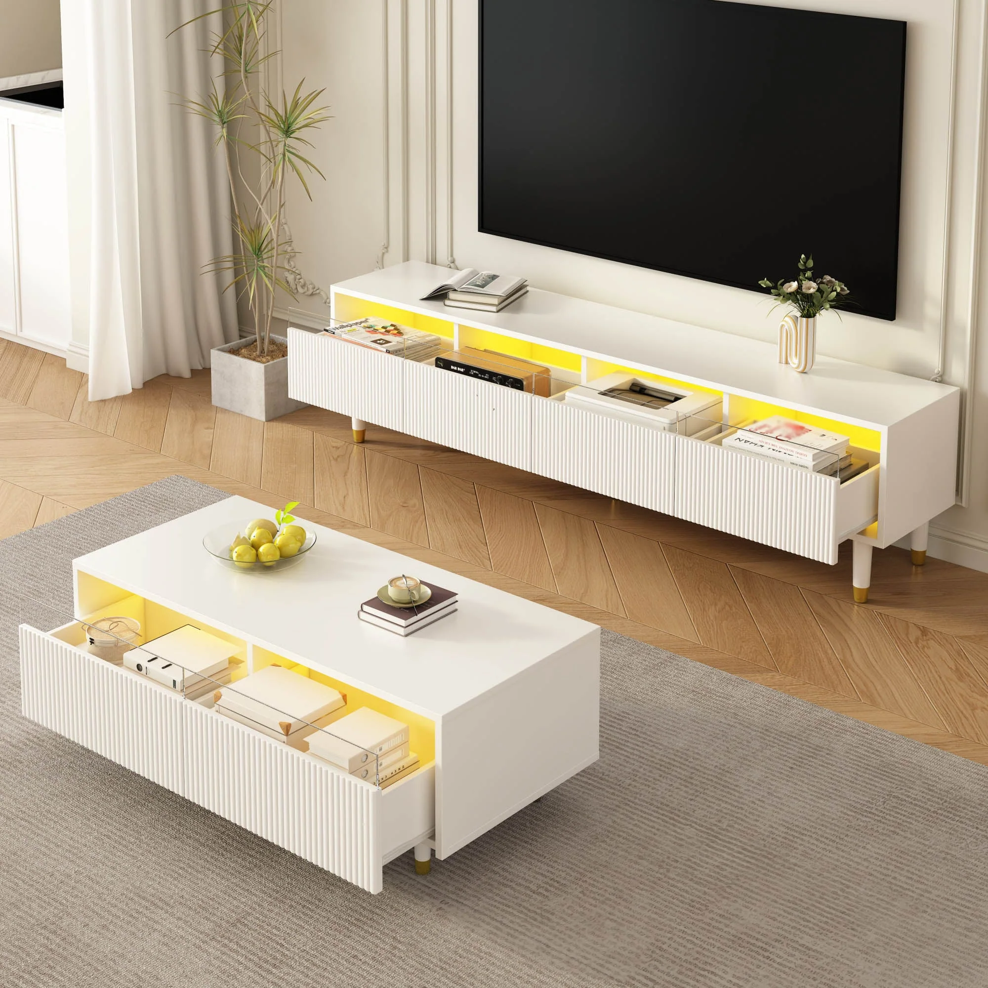 LED Furniture Set, 4-Door TV Stand & Coffee Table with 2 Drawers, White Gold Design - Image 2