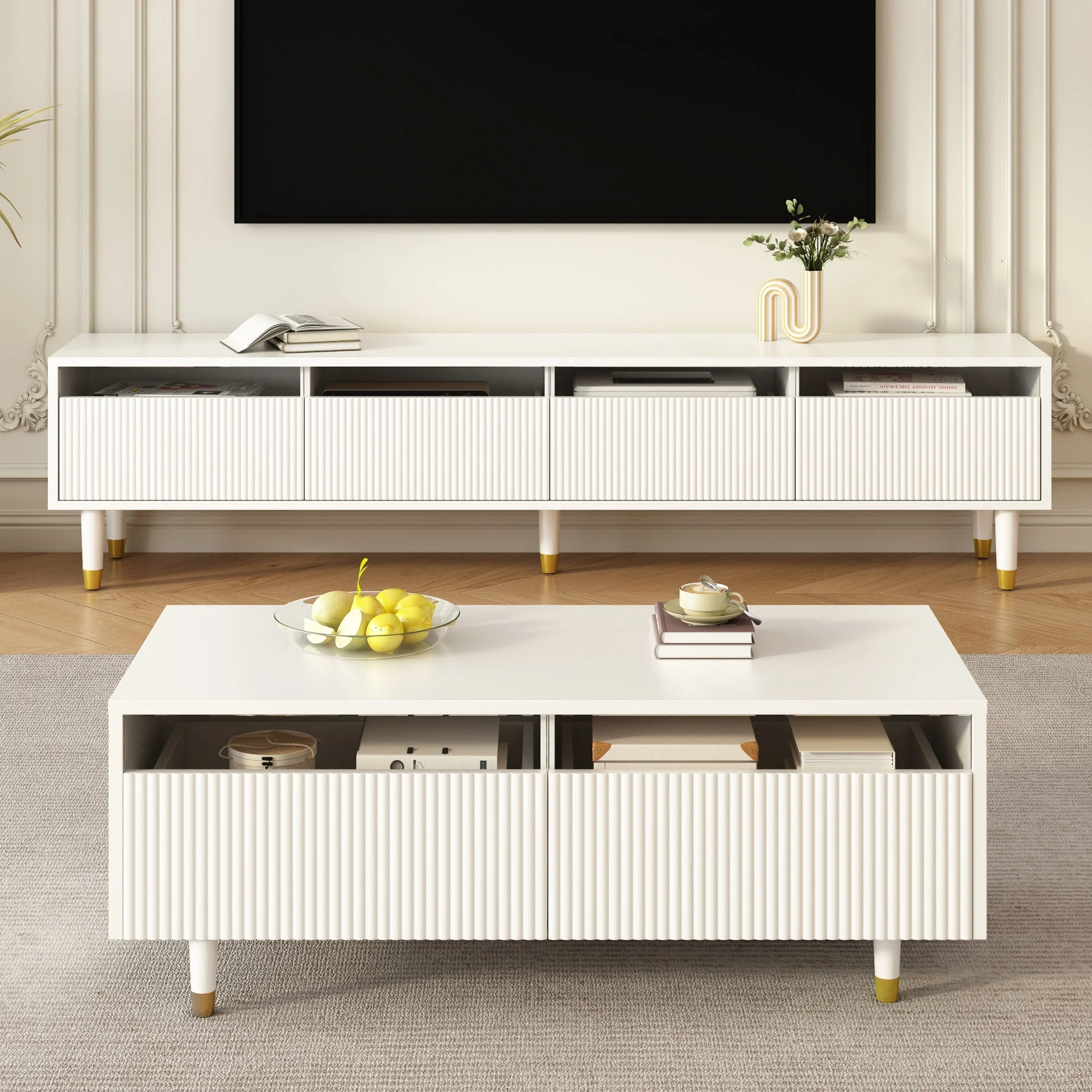 LED Furniture Set, 4-Door TV Stand & Coffee Table with 2 Drawers, White Gold Design - Image 3