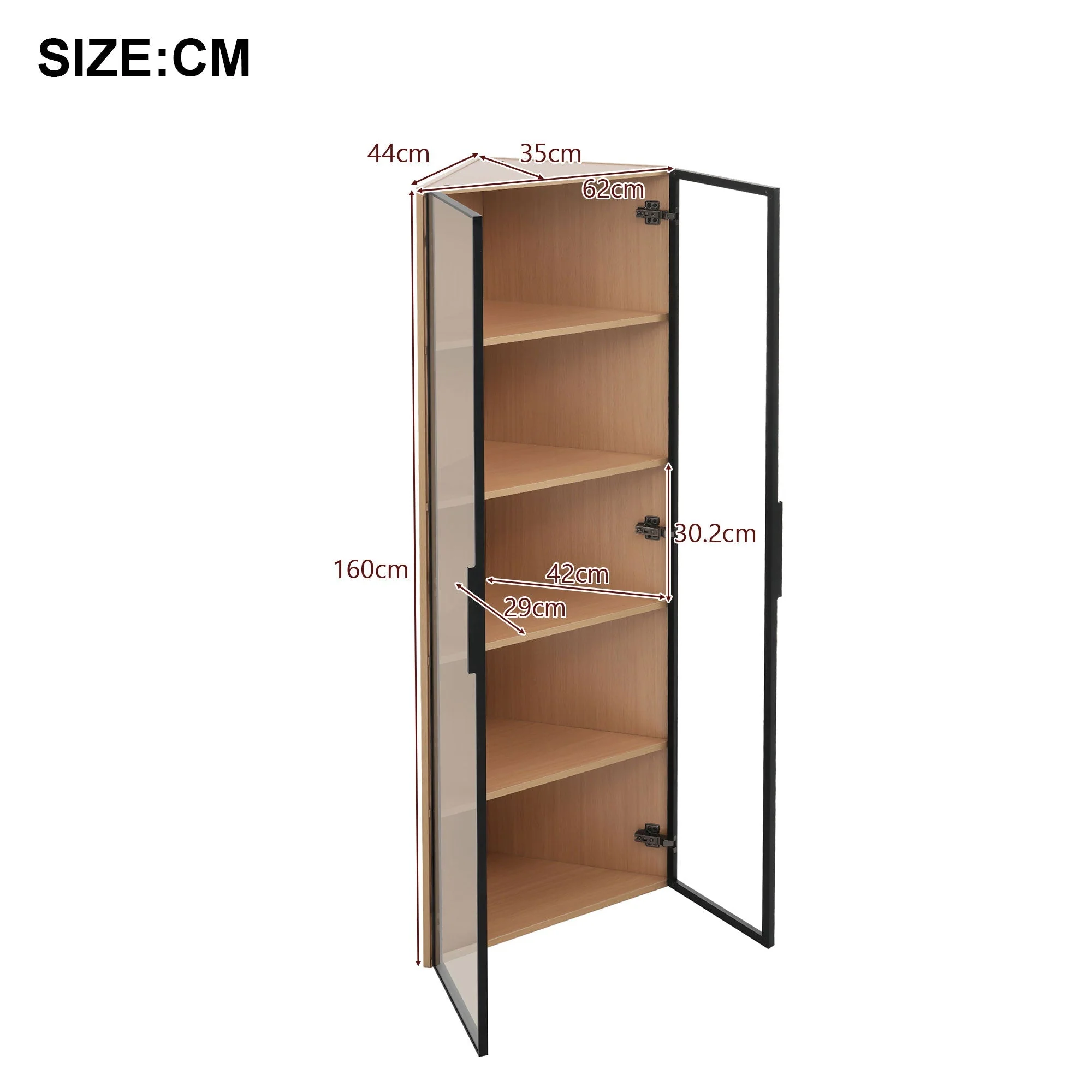 LED Glass Display Case 62x35x160cm Corner Cabinet with Light Strip, Tempered Glass, Oak - Image 5