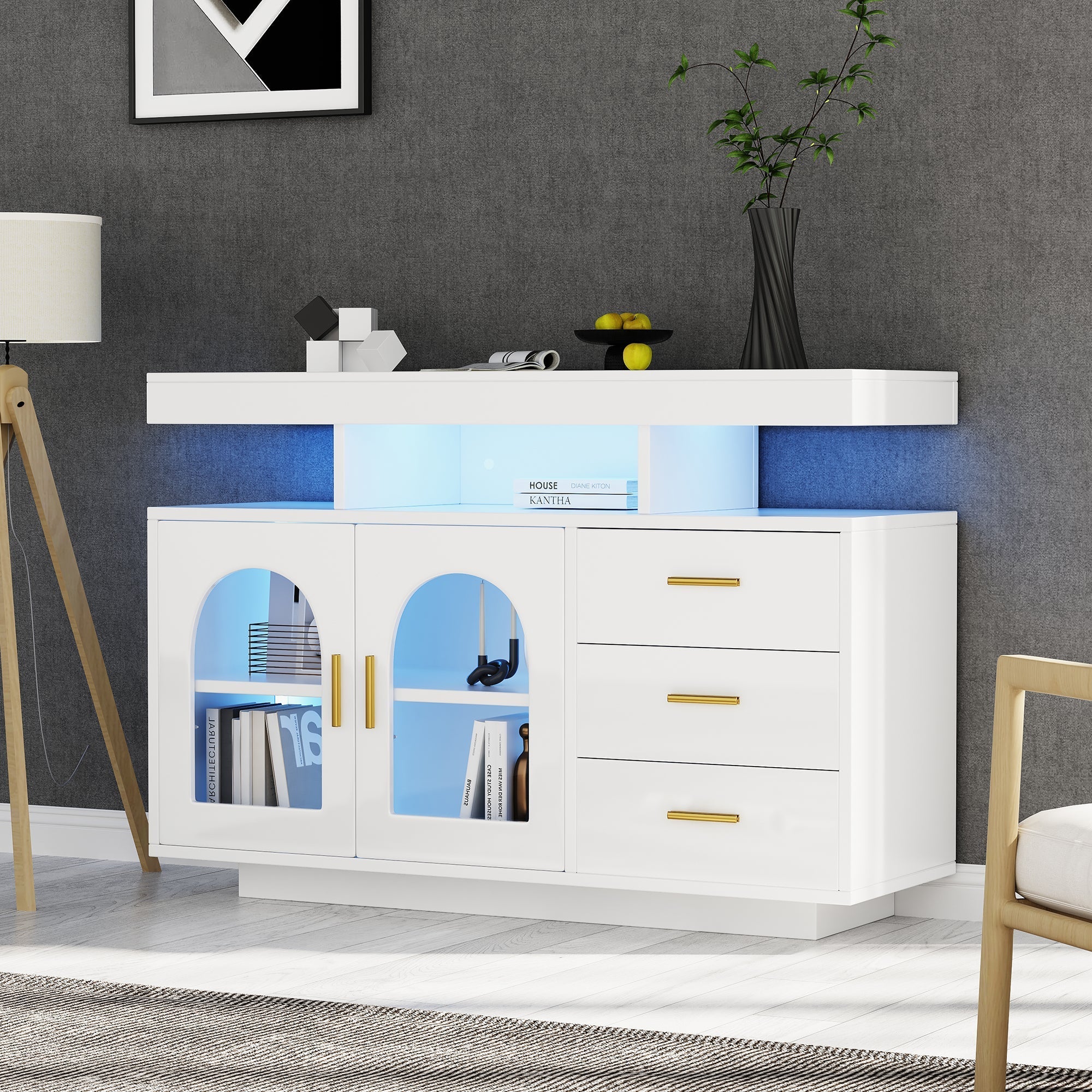 LED Sideboard Buffet 120cm High Gloss Coffee Bar Drawer Cabinet 16 Color Lights White - Image 5