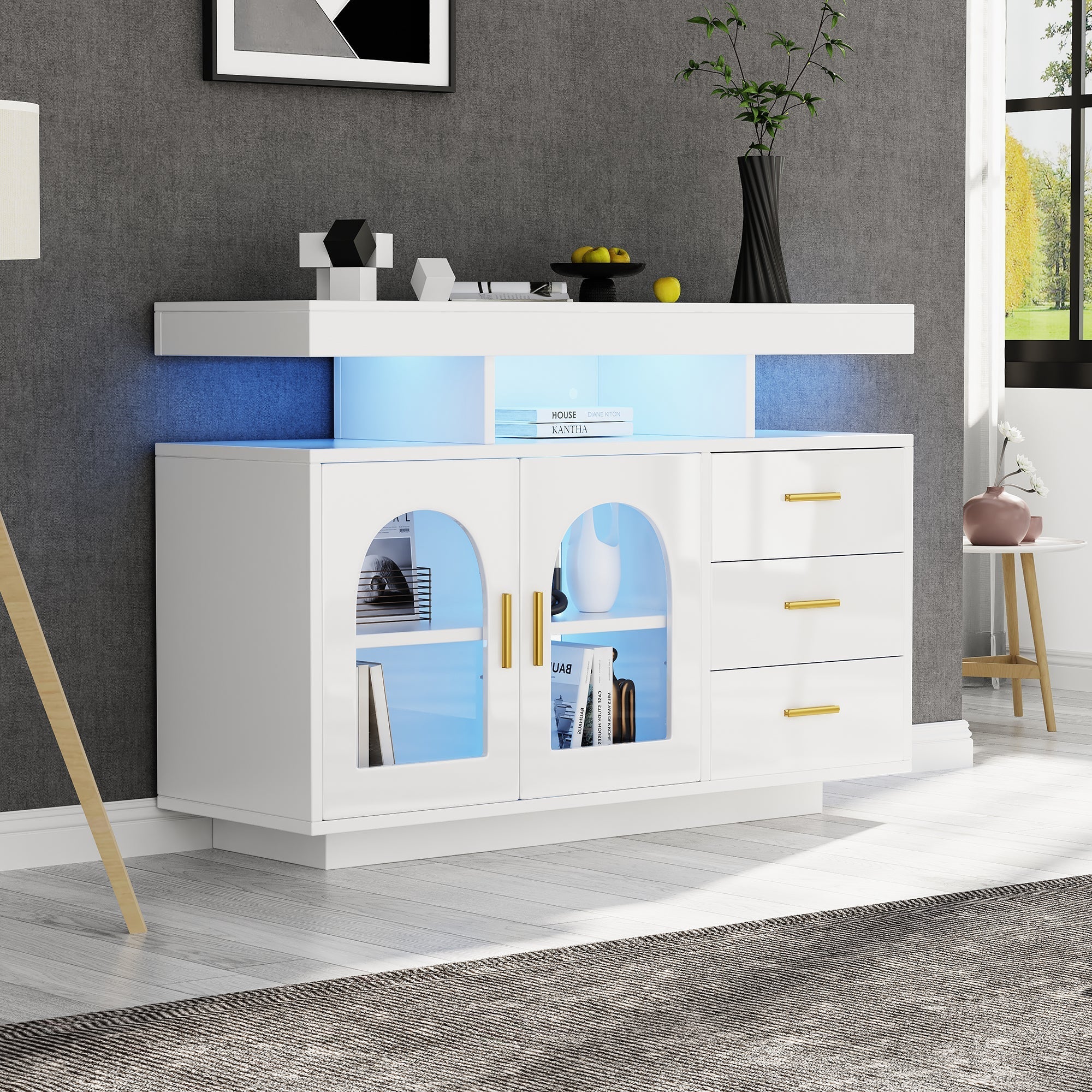 LED Sideboard Buffet 120cm High Gloss Coffee Bar Drawer Cabinet 16 Color Lights White - Image 6