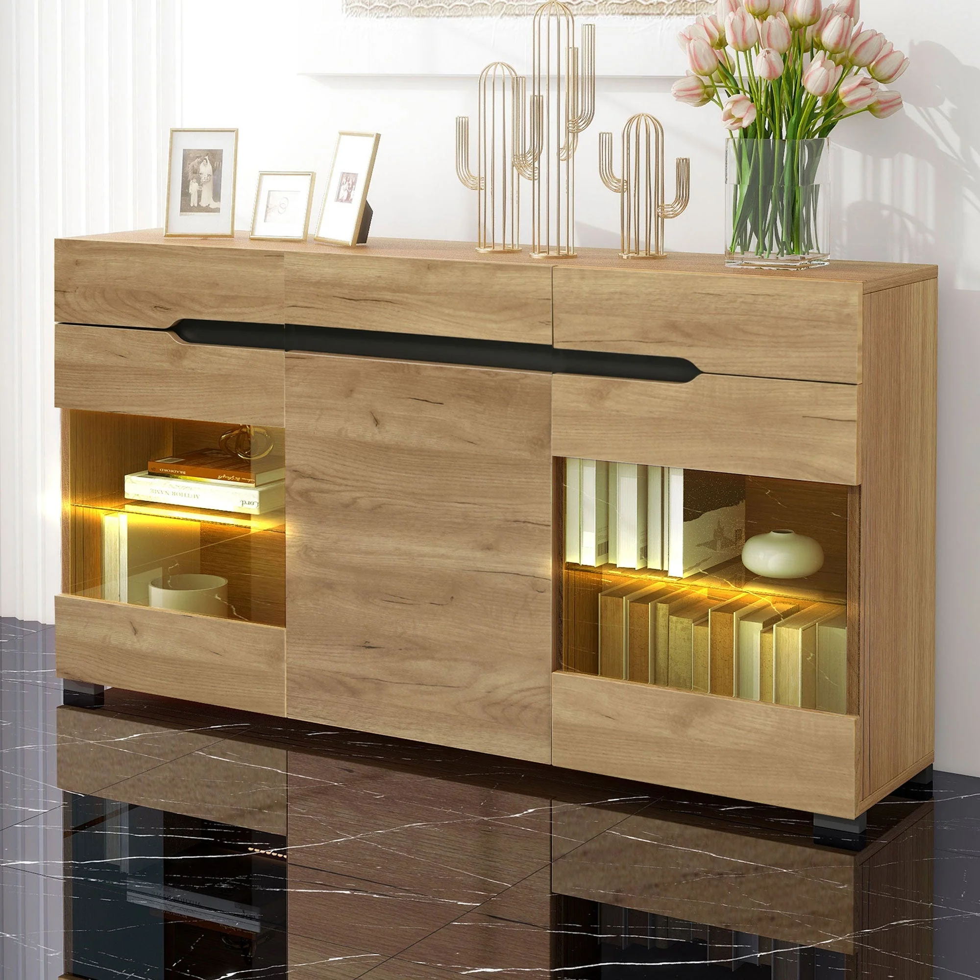 LED Sideboard Cabinet with 3 Doors and 3 Drawers, Oak - Image 5