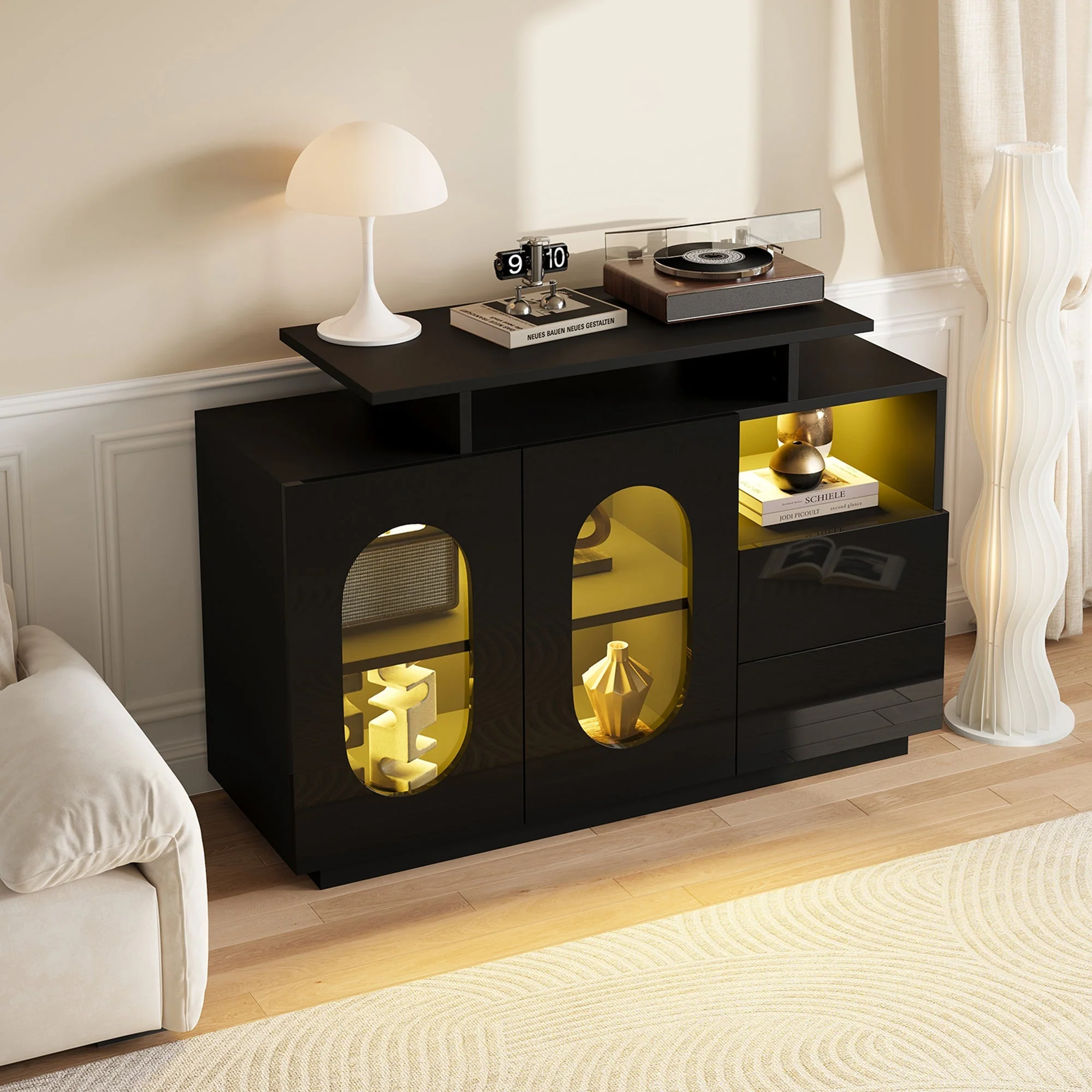 LED Sideboard High-Gloss Oval Glass Doors Storage - Black - Image 10