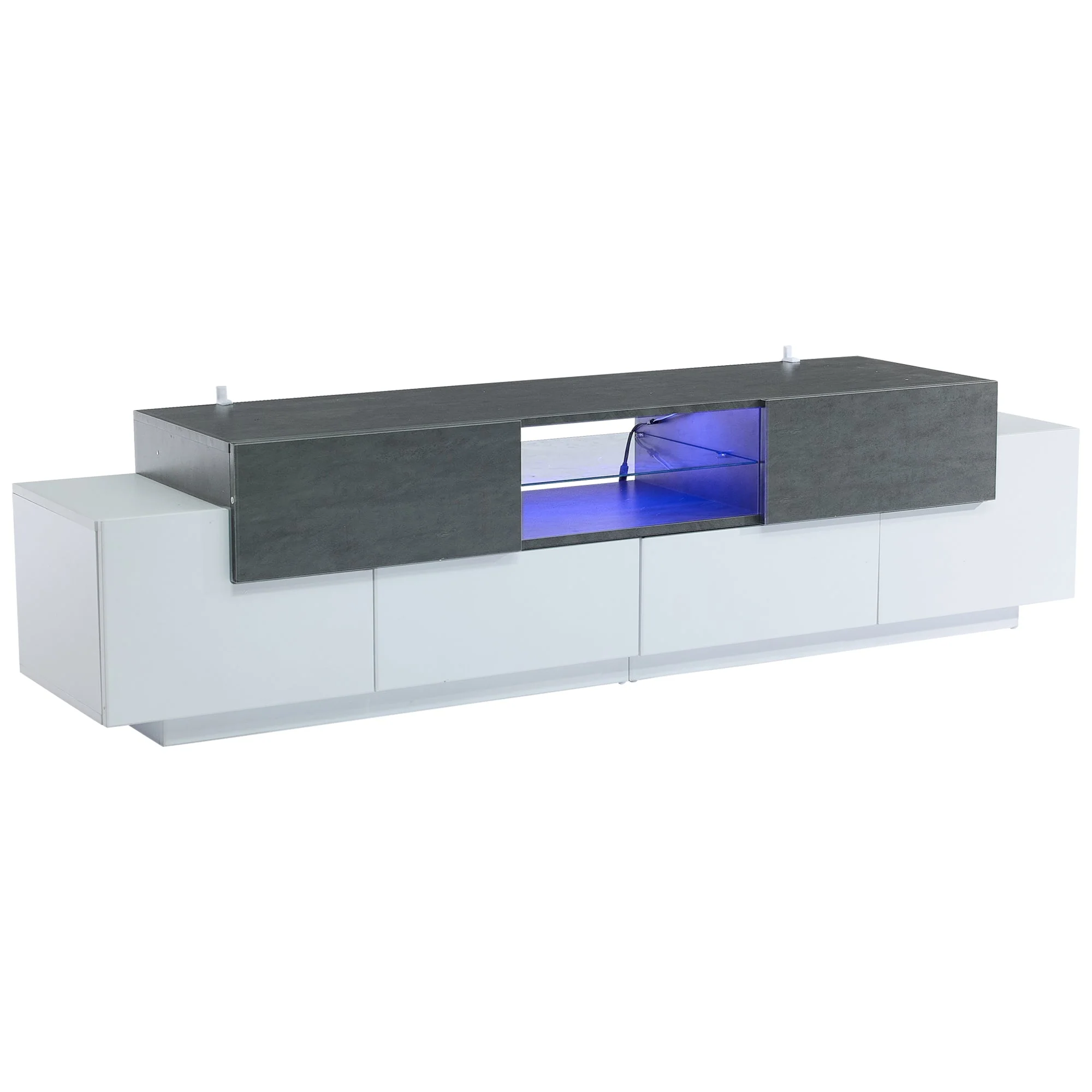 LED TV Cabinet, Entertainment Center with Glass Shelves, White+Gray - Image 9