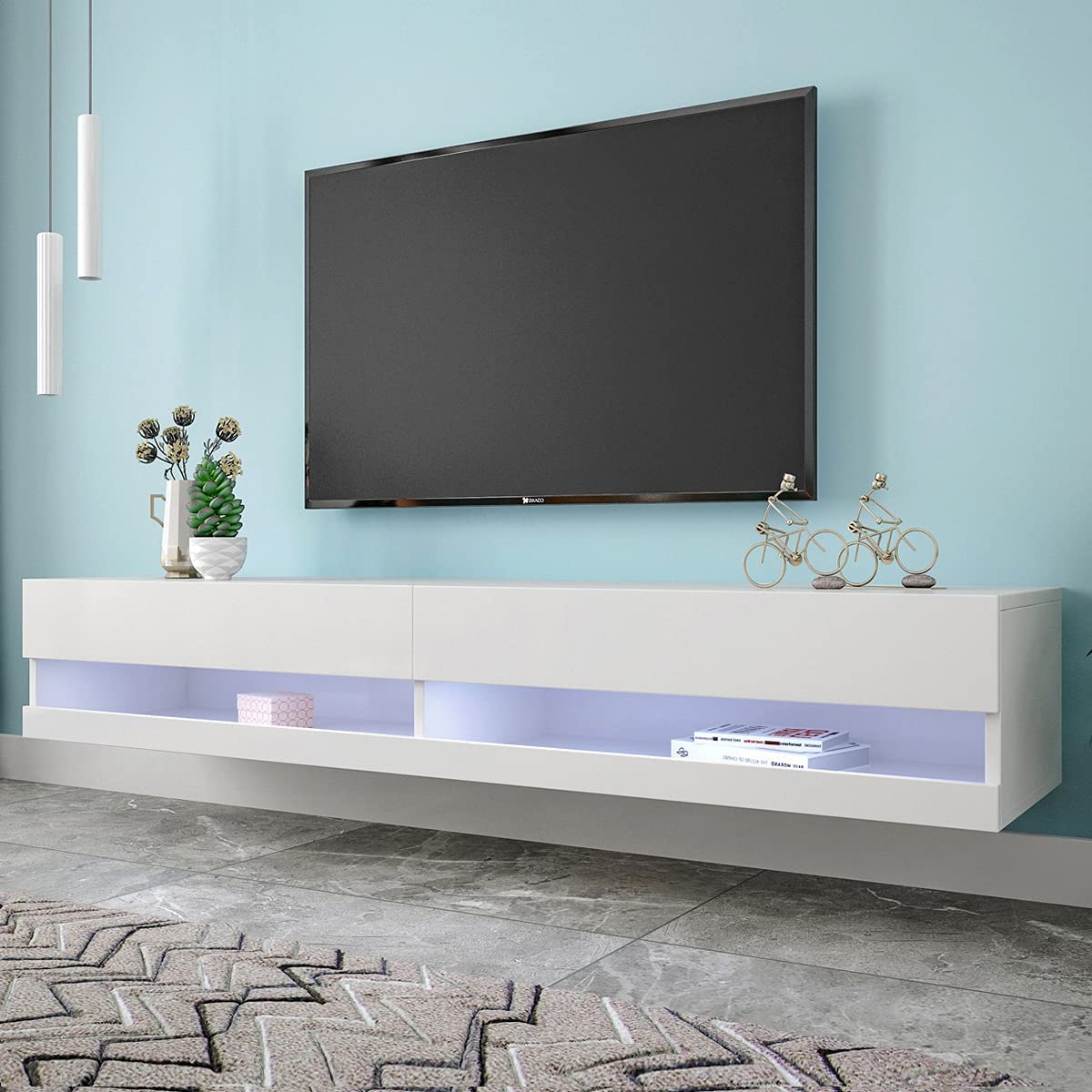 LED TV Cabinet, Lowboard with LED Lighting & Storage, White - Image 3