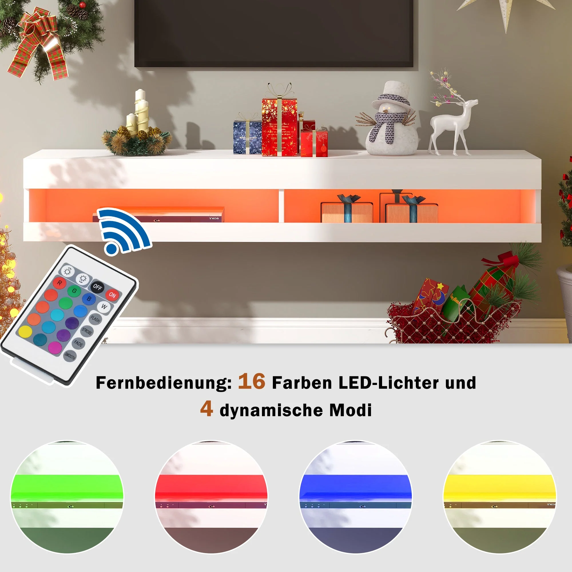 LED TV Cabinet, Lowboard with LED Lighting & Storage, White - Image 7