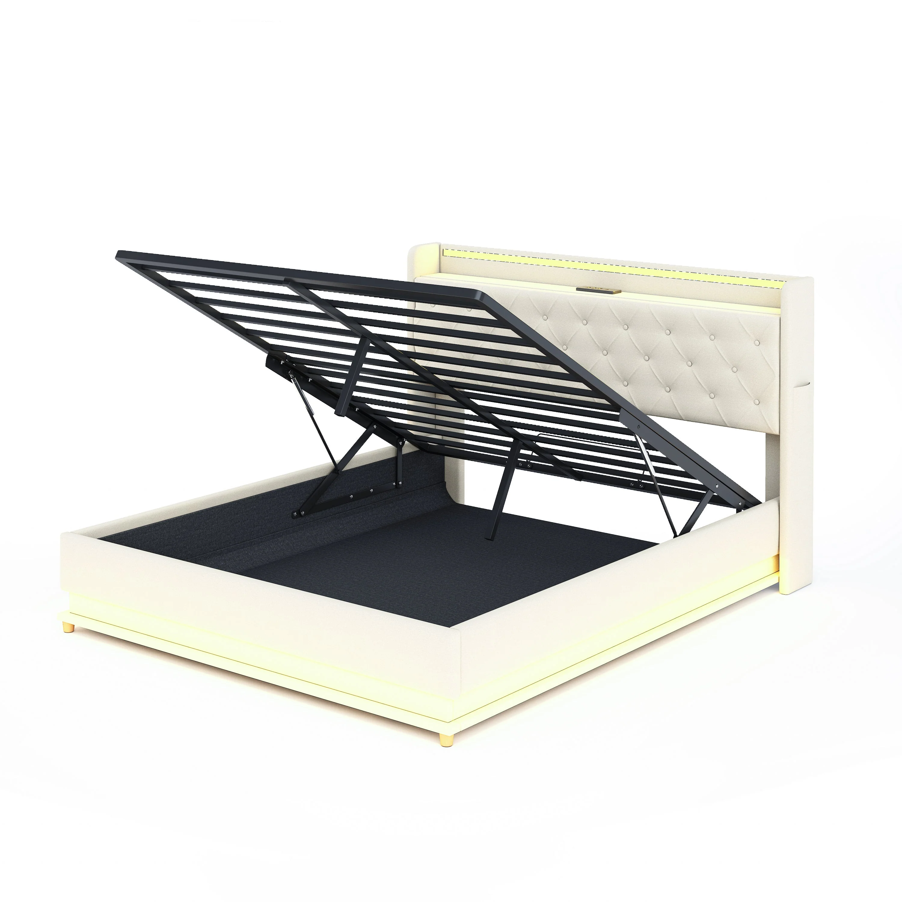 LED Upholstered Bed, 160x200 cm with USB Charging & Hydraulic Storage, Linen Fabric Beige - Image 10