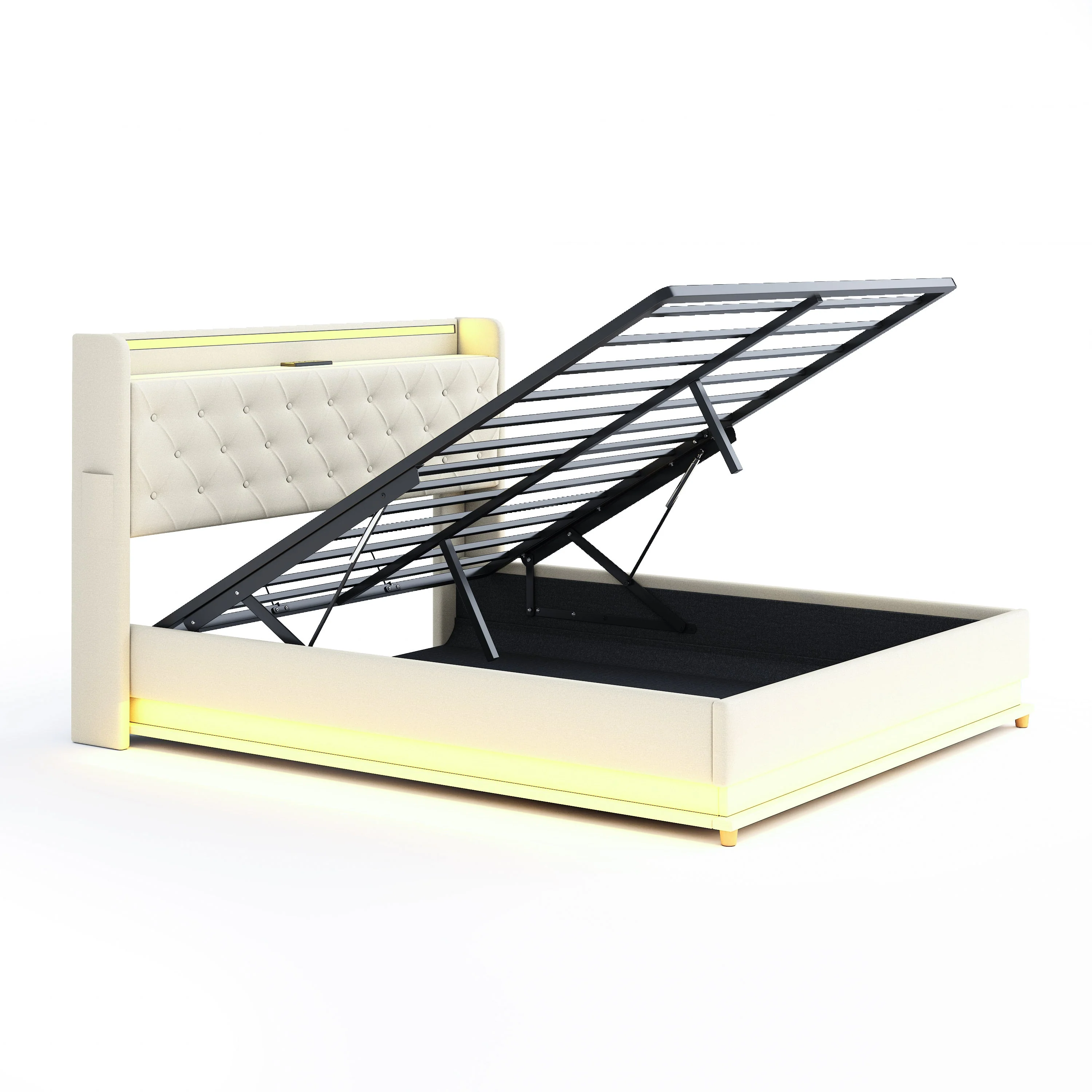 LED Upholstered Bed, 160x200 cm with USB Charging & Hydraulic Storage, Linen Fabric Beige - Image 6