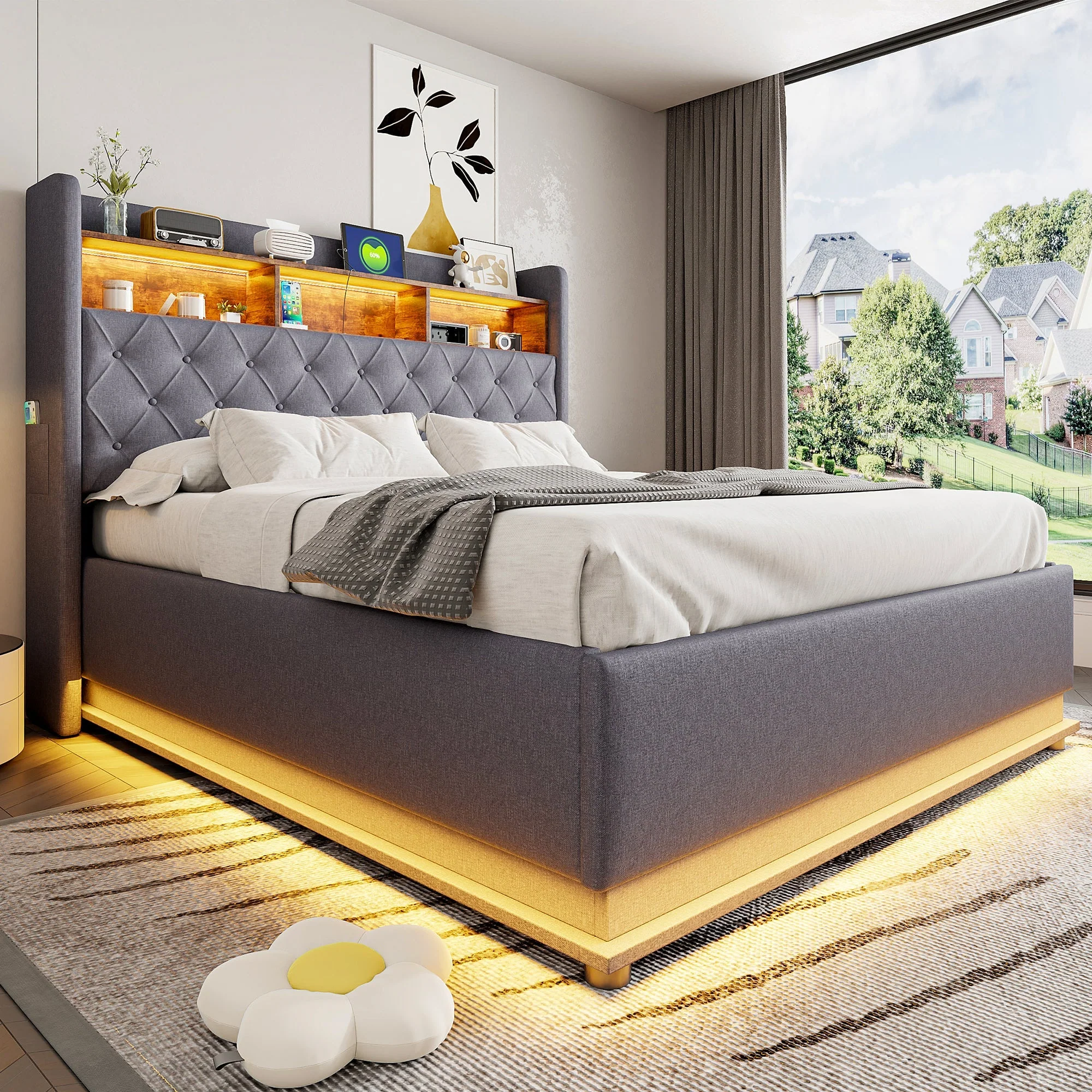 LED Upholstered Bed, 160x200cm, USB Charging, Hydraulic Storage, Linen Fabric, Grey - Image 3