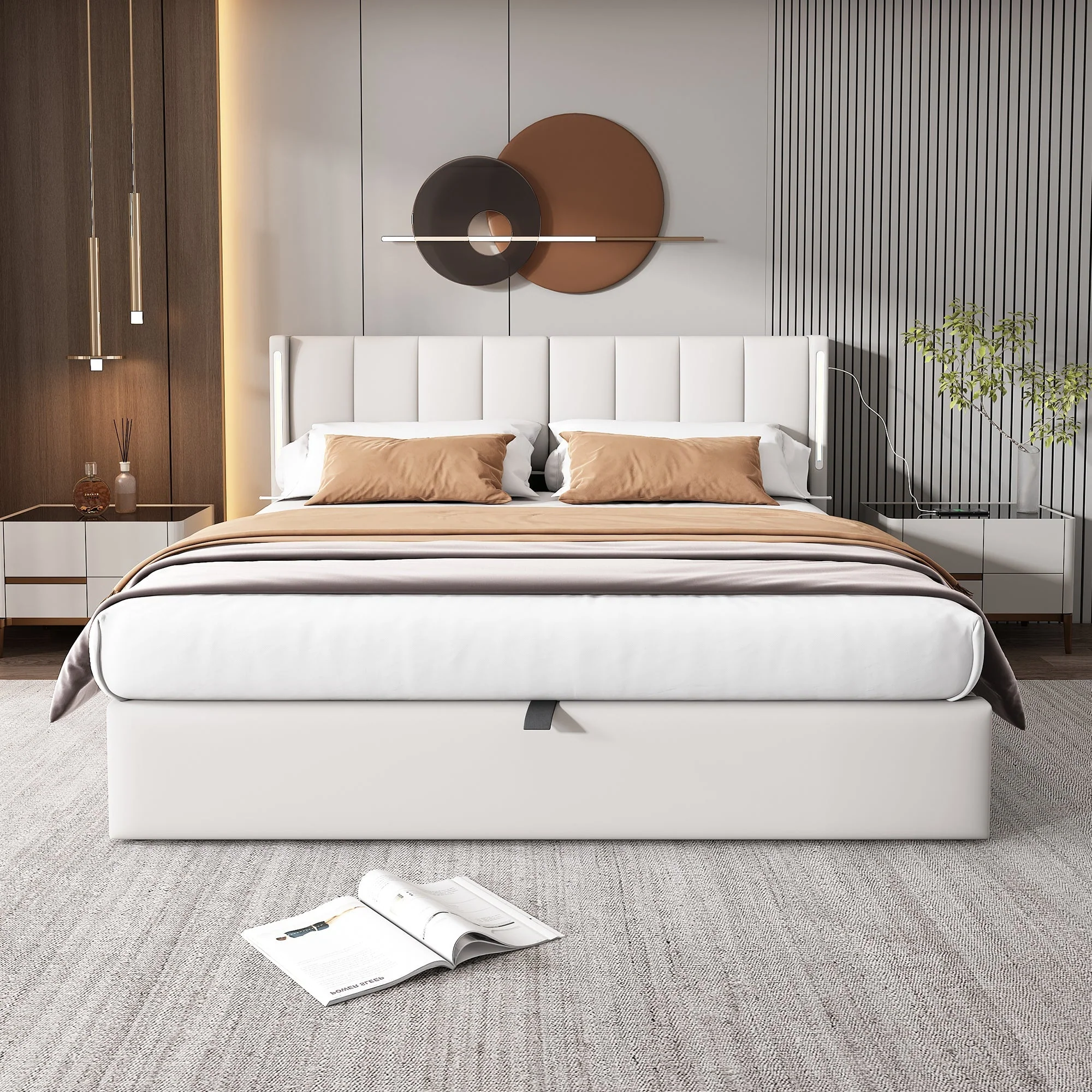 LED Upholstered Bed, Double (4ft6/135x190cm) with Hydraulic Storage, Rechargeable USB Port, Adjustable Headboard, White PU Leather - Image 4
