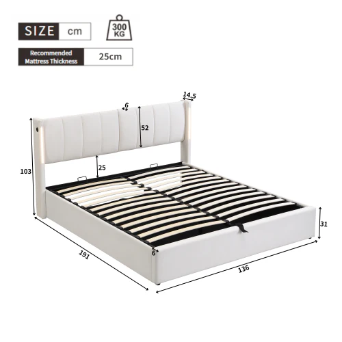 LED Upholstered Bed, Double (4ft6/135x190cm) with Hydraulic Storage, Rechargeable USB Port, Adjustable Headboard, White PU Leather - Image 6