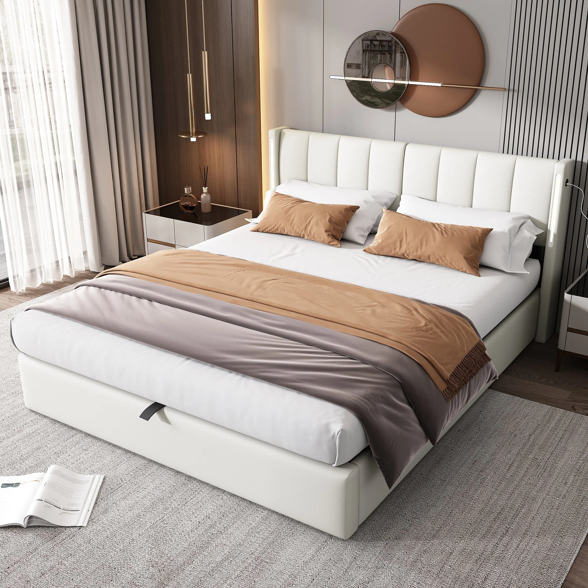 LED Upholstered Bed, King 5ft Hydraulic Storage with USB and Adjustable Headboard, White PU