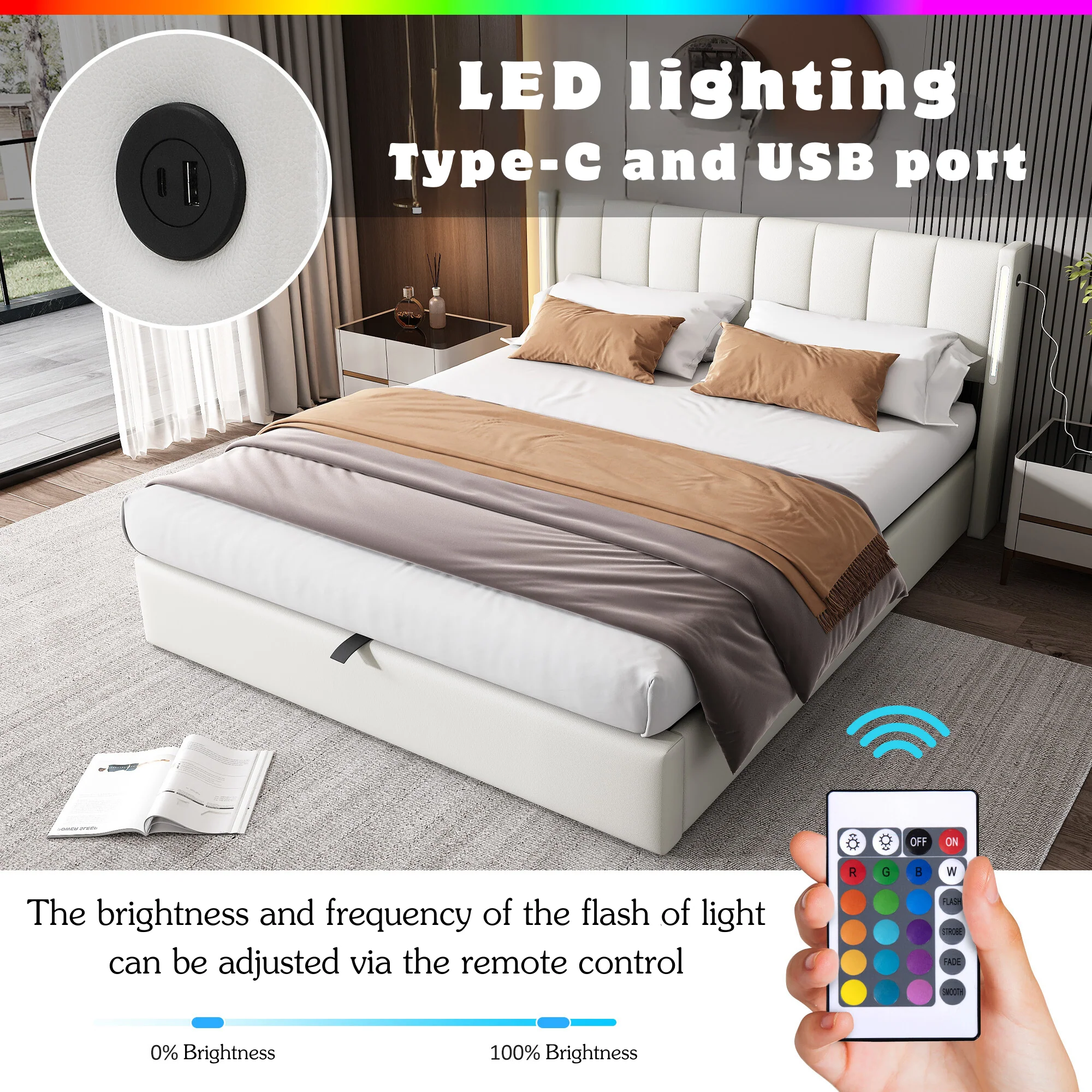 LED Upholstered Bed, King 5ft Hydraulic Storage with USB and Adjustable Headboard, White PU - Image 2