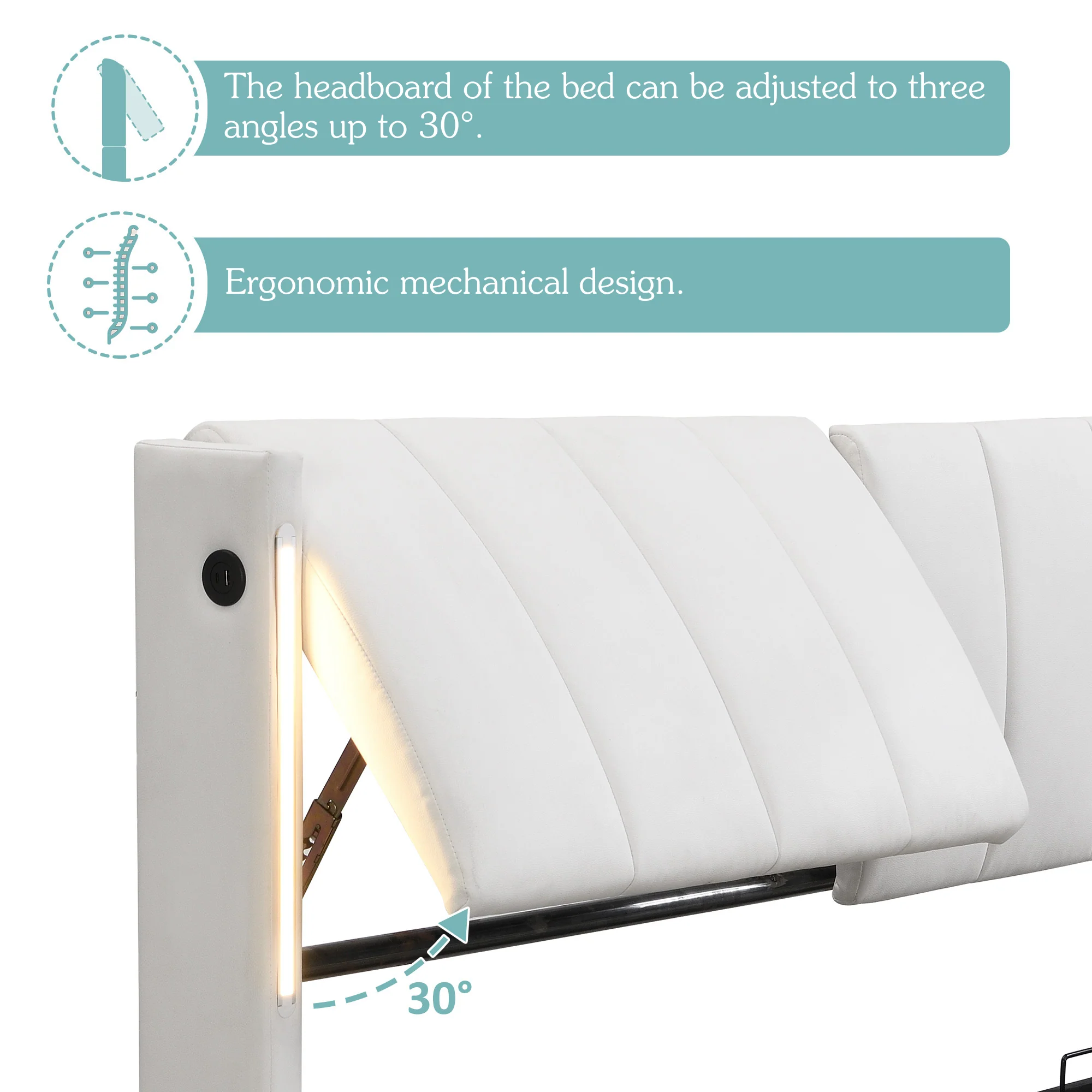 LED Upholstered Bed, King 5ft Hydraulic Storage with USB and Adjustable Headboard, White PU - Image 3