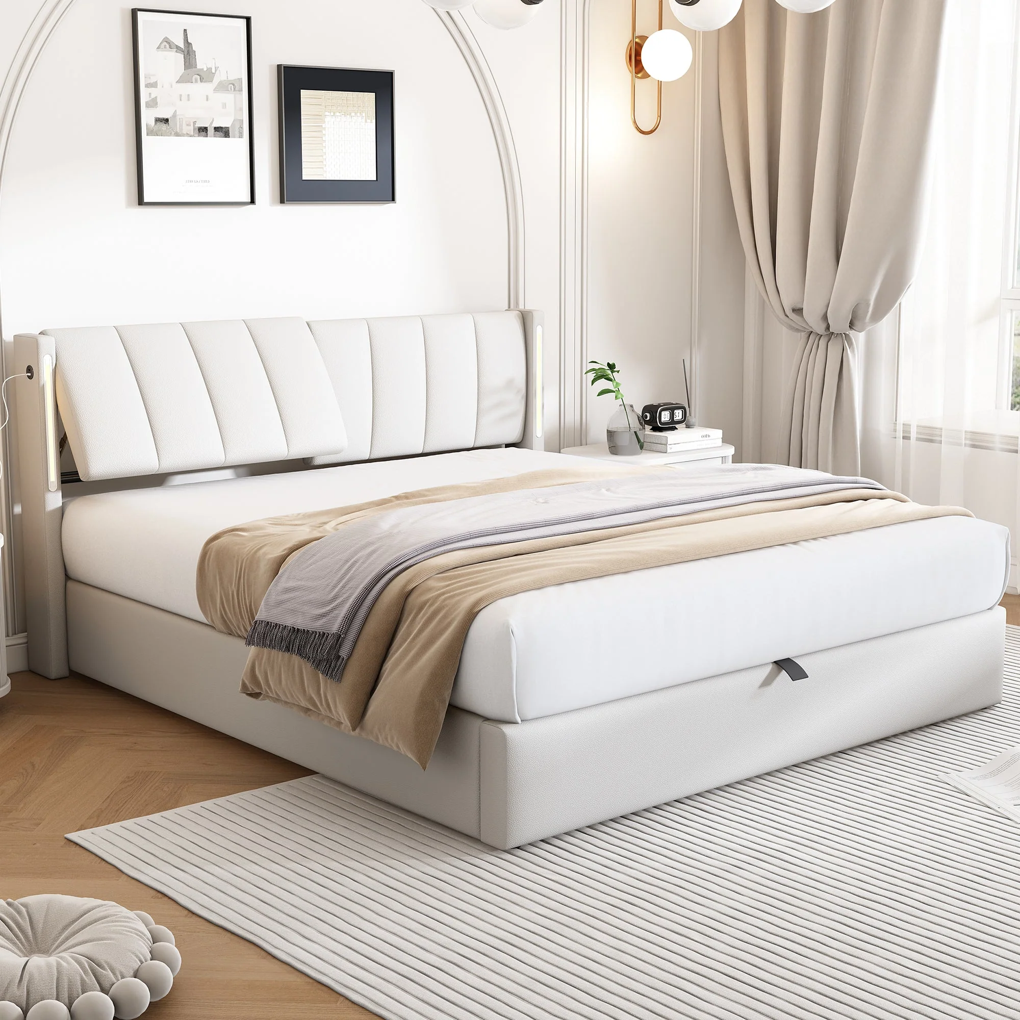 LED Upholstered Bed, King 5ft Hydraulic Storage with USB and Adjustable Headboard, White PU - Image 5