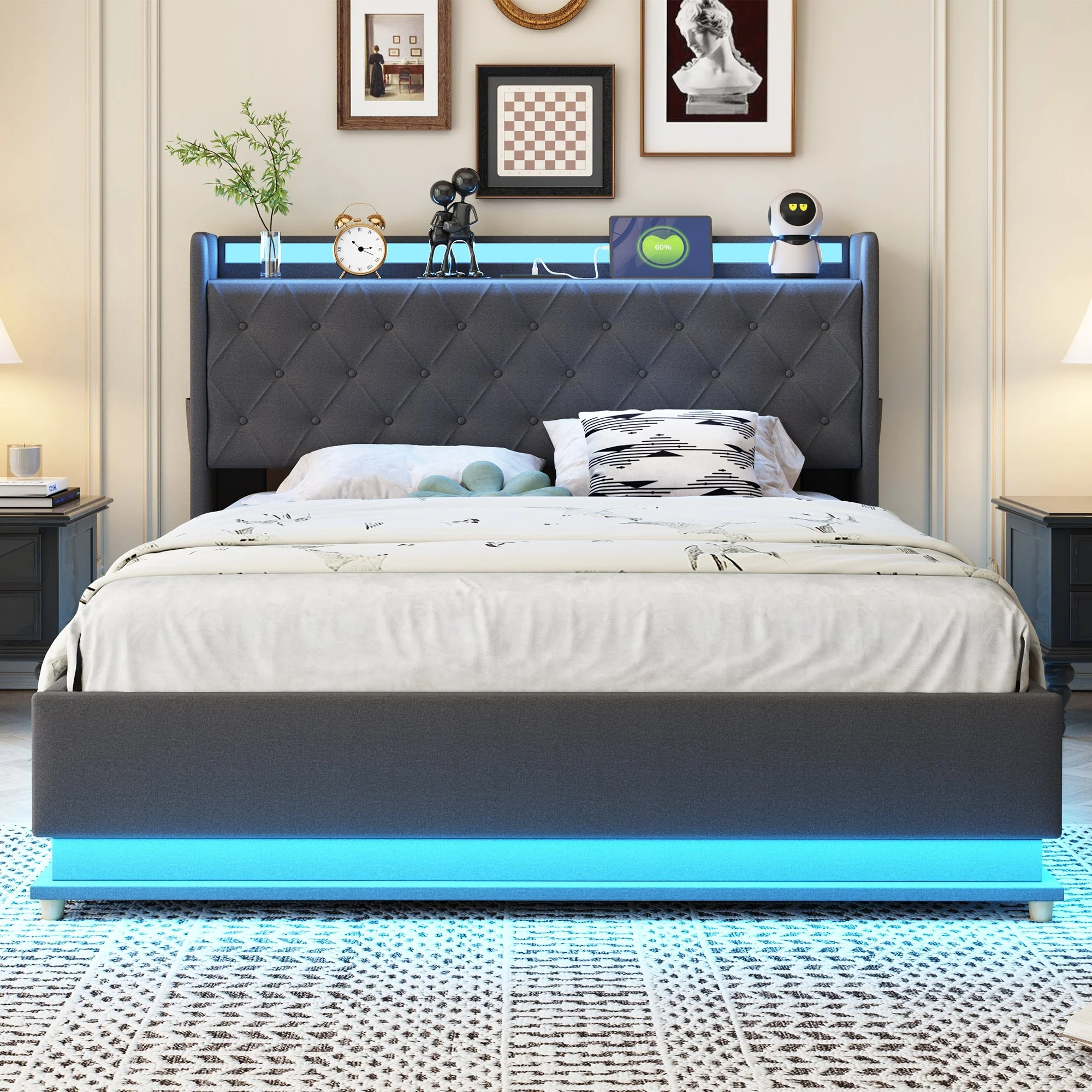 LED Upholstered Bed, USB Charging & Hydraulic Storage, Linen Fabric Gray - Image 3