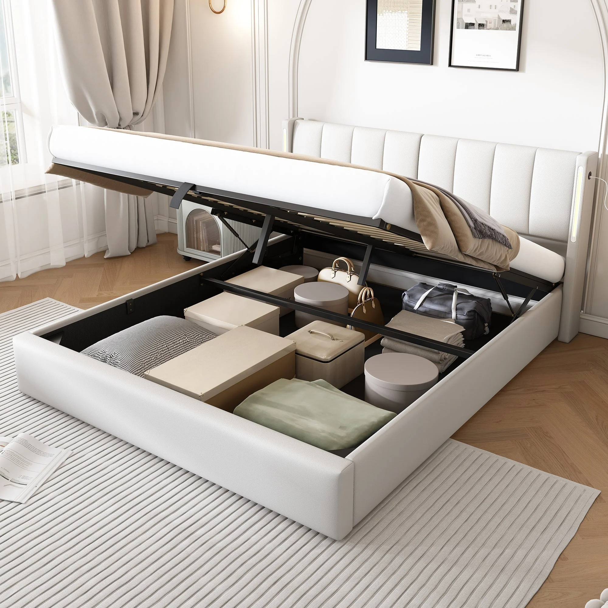 LED Upholstered Super King Size Bed - 6ft (180x200cm) with Storage, Hydraulic Lift, USB Charging Ports, Adjustable Headboard & Lighting, PU, White - Image 7