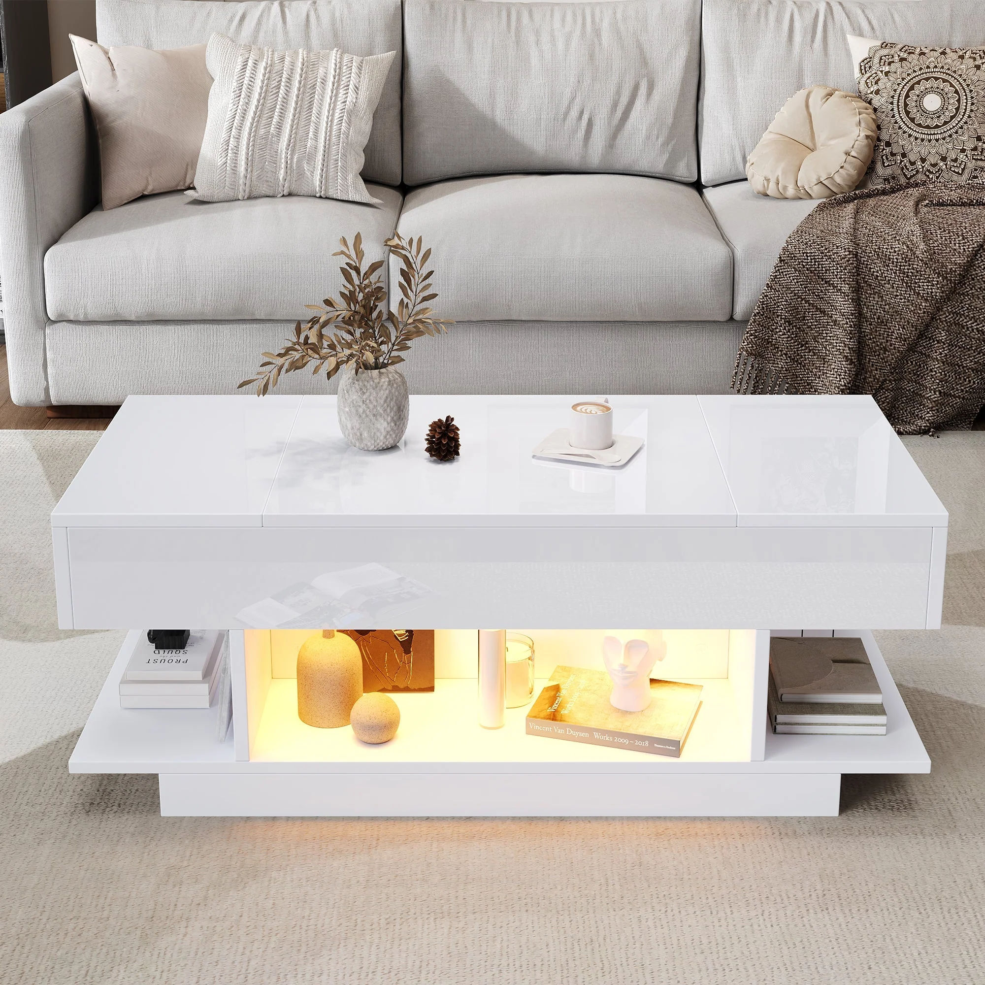 Lift Coffee Table, Height-Adjustable Storage LED, High-Gloss White - Image 5