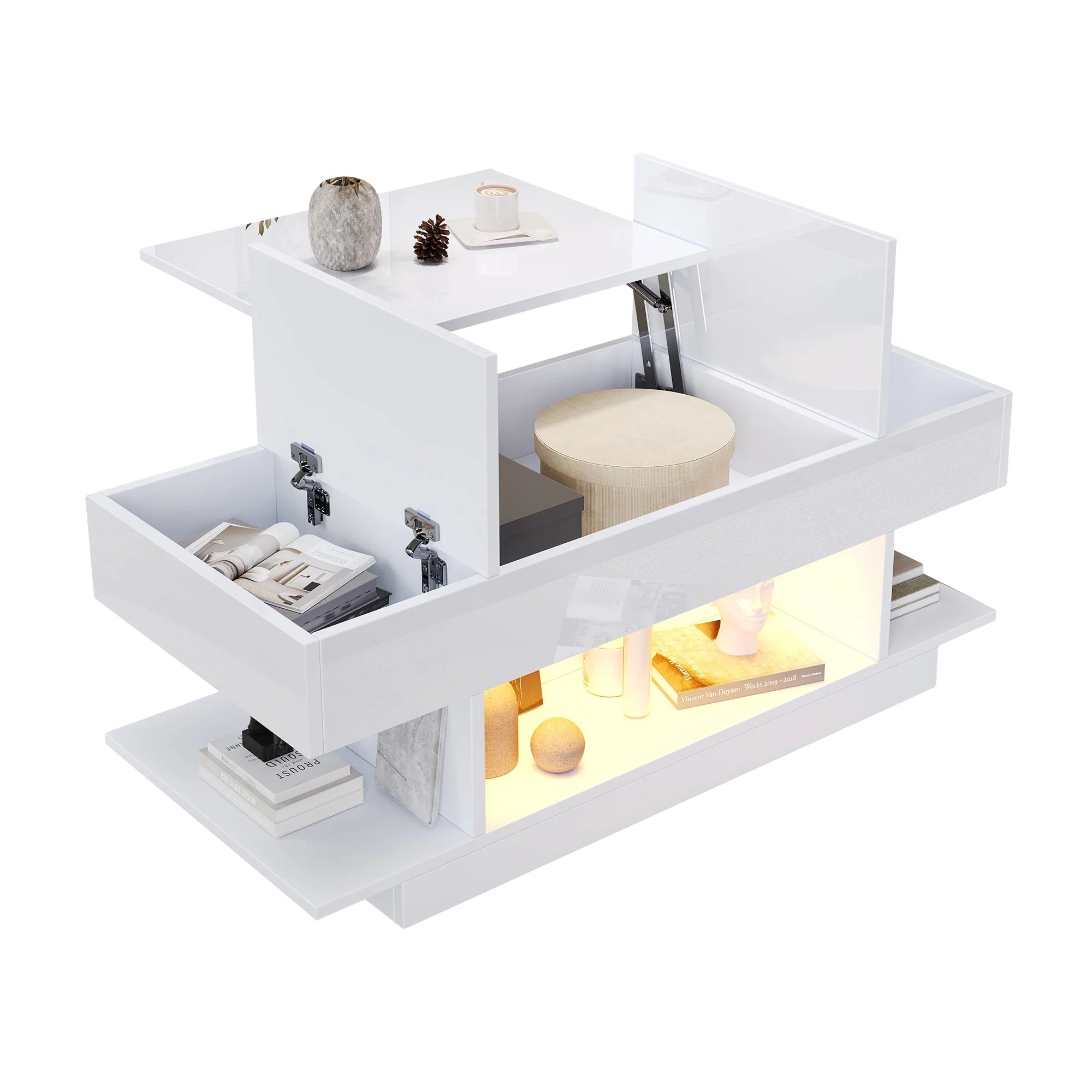 Lift Coffee Table, Height-Adjustable Storage LED, High-Gloss White - Image 7