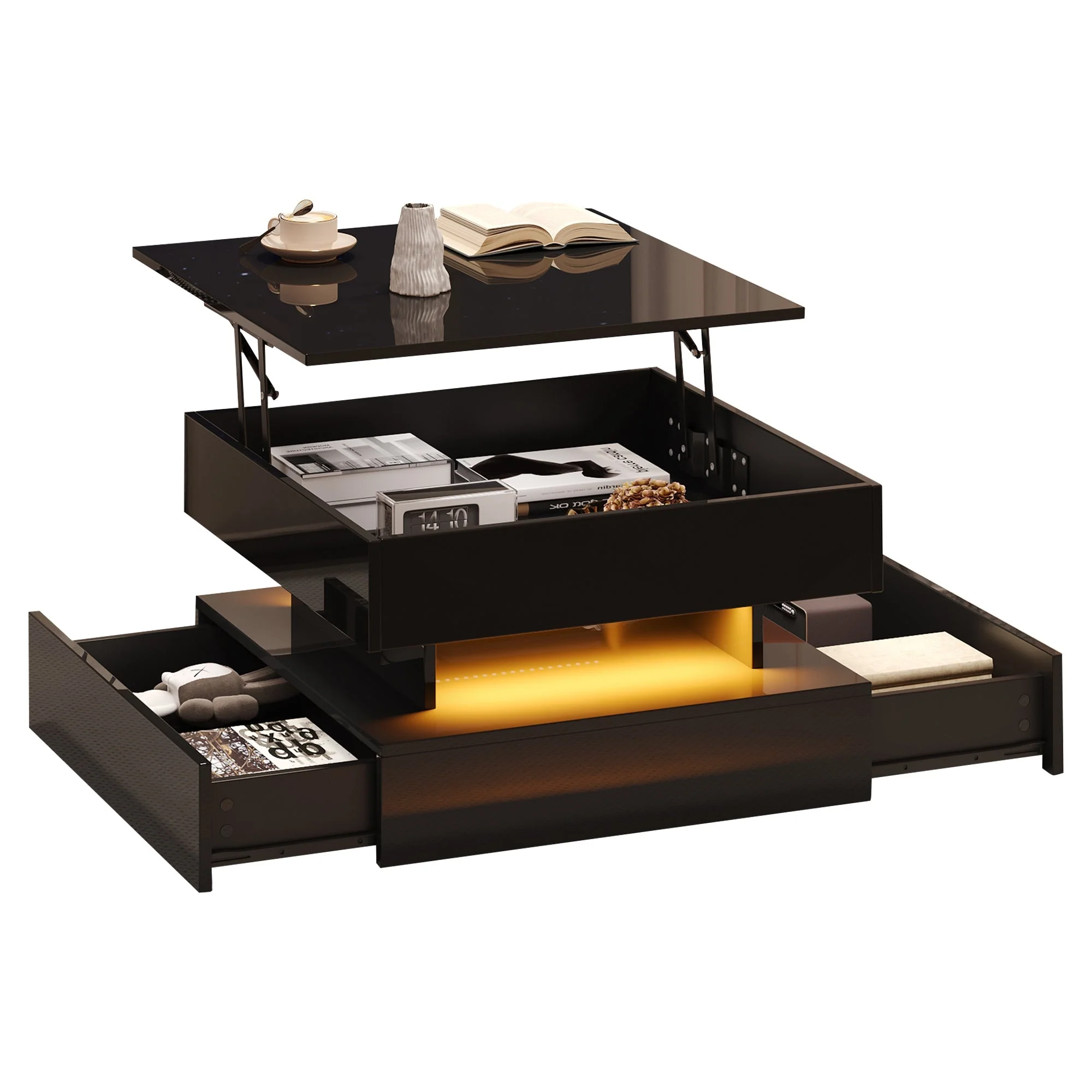 Liftable Coffee Table, 65 x 65 x 38.5 cm, High-Gloss with LED Light Strip, 2 Drawers, Black - Image 6