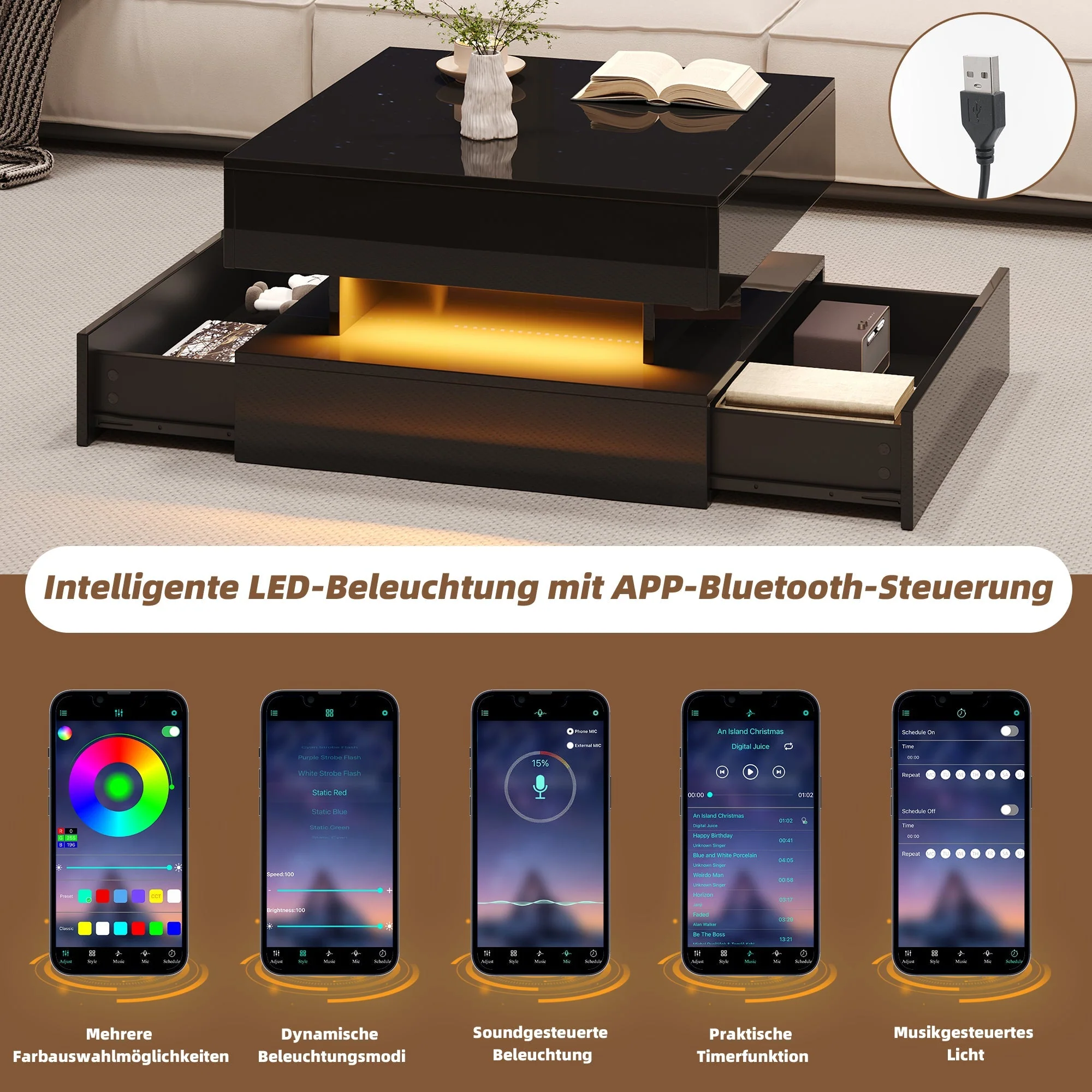 Liftable Coffee Table, 65 x 65 x 38.5 cm, High-Gloss with LED Light Strip, 2 Drawers, Black - Image 8