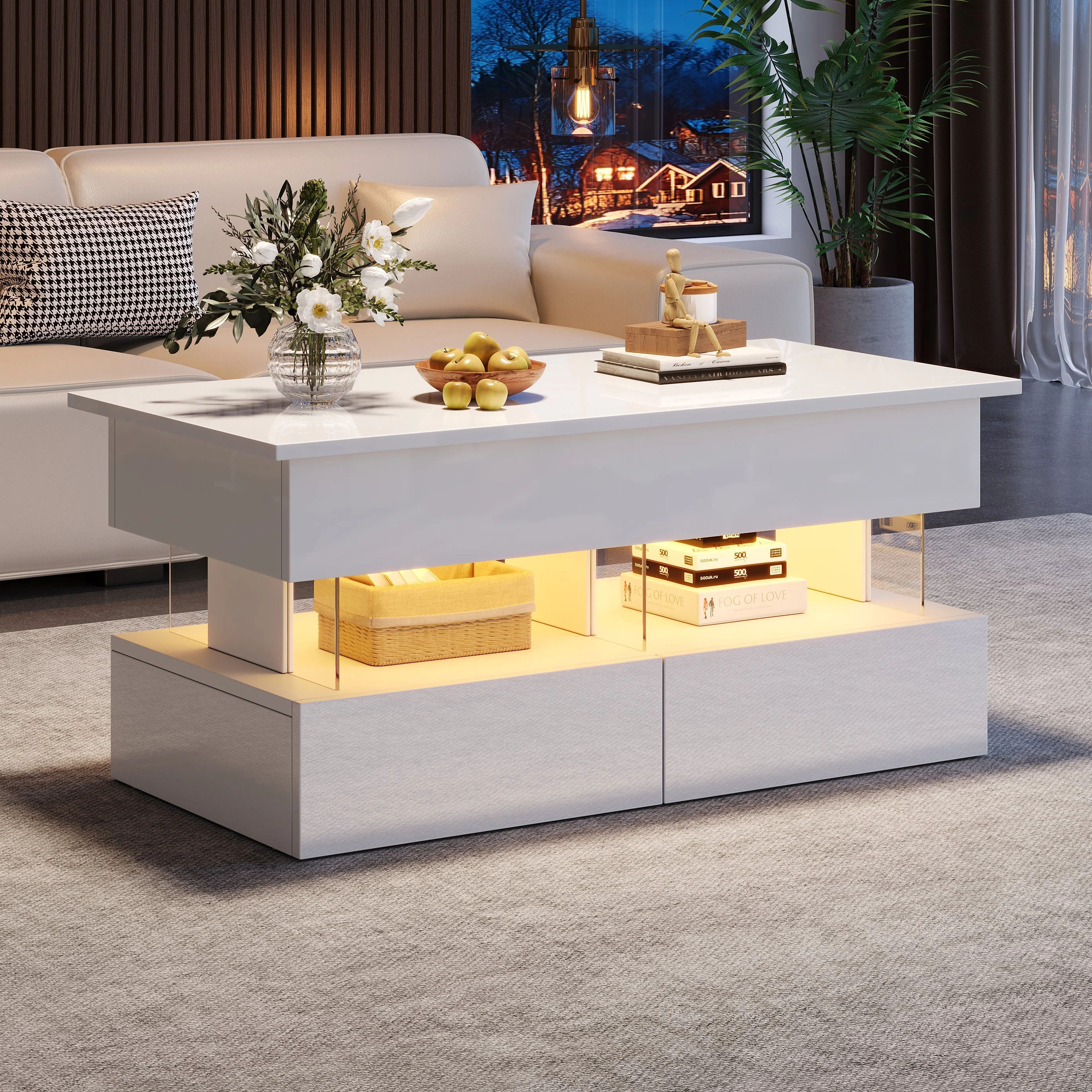 Liftable Coffee Table, Height-Adjustable Hidden Storage LED 2 Drawers, White MDF/Acrylic - Image 4