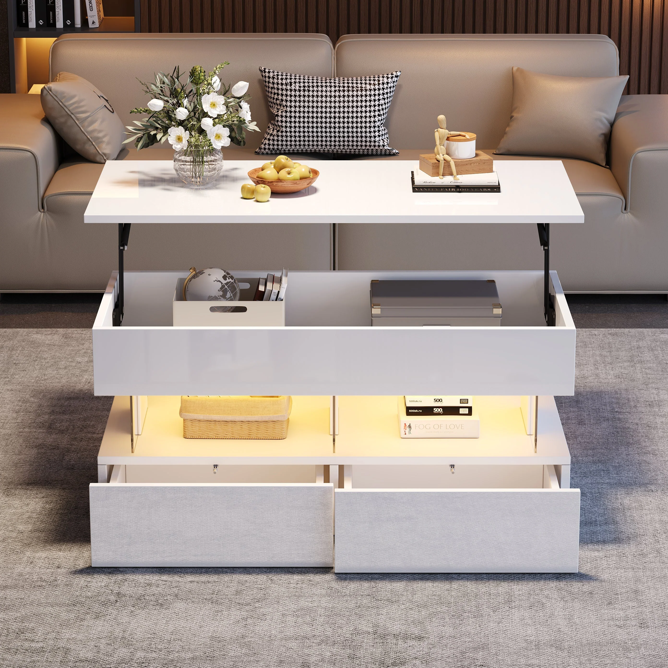 Liftable Coffee Table, Height-Adjustable Hidden Storage LED 2 Drawers, White MDF/Acrylic - Image 5