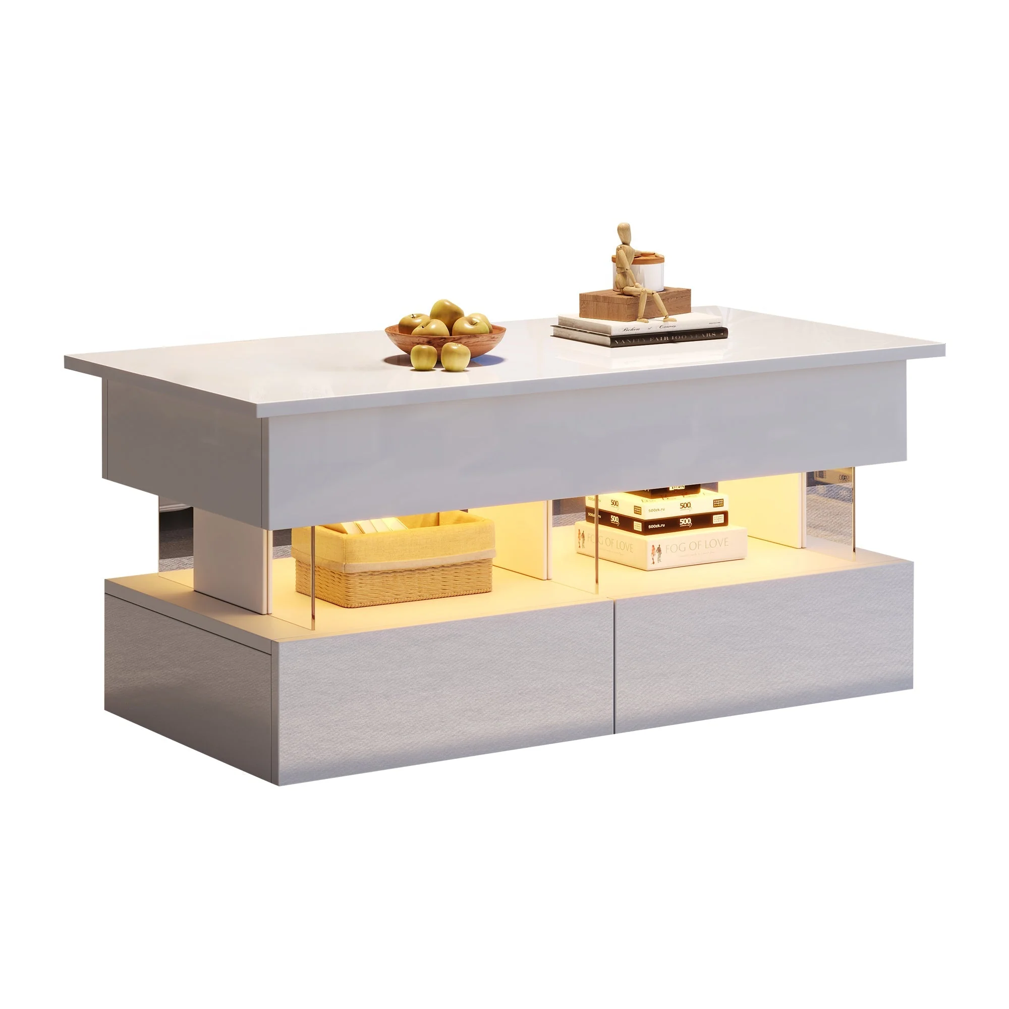 Liftable Coffee Table, Height-Adjustable Hidden Storage LED 2 Drawers, White MDF/Acrylic - Image 7