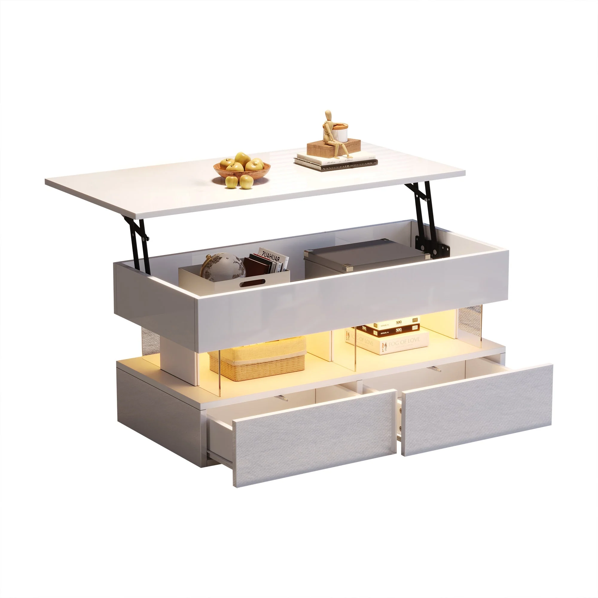 Liftable Coffee Table, Height-Adjustable Hidden Storage LED 2 Drawers, White MDF/Acrylic - Image 8