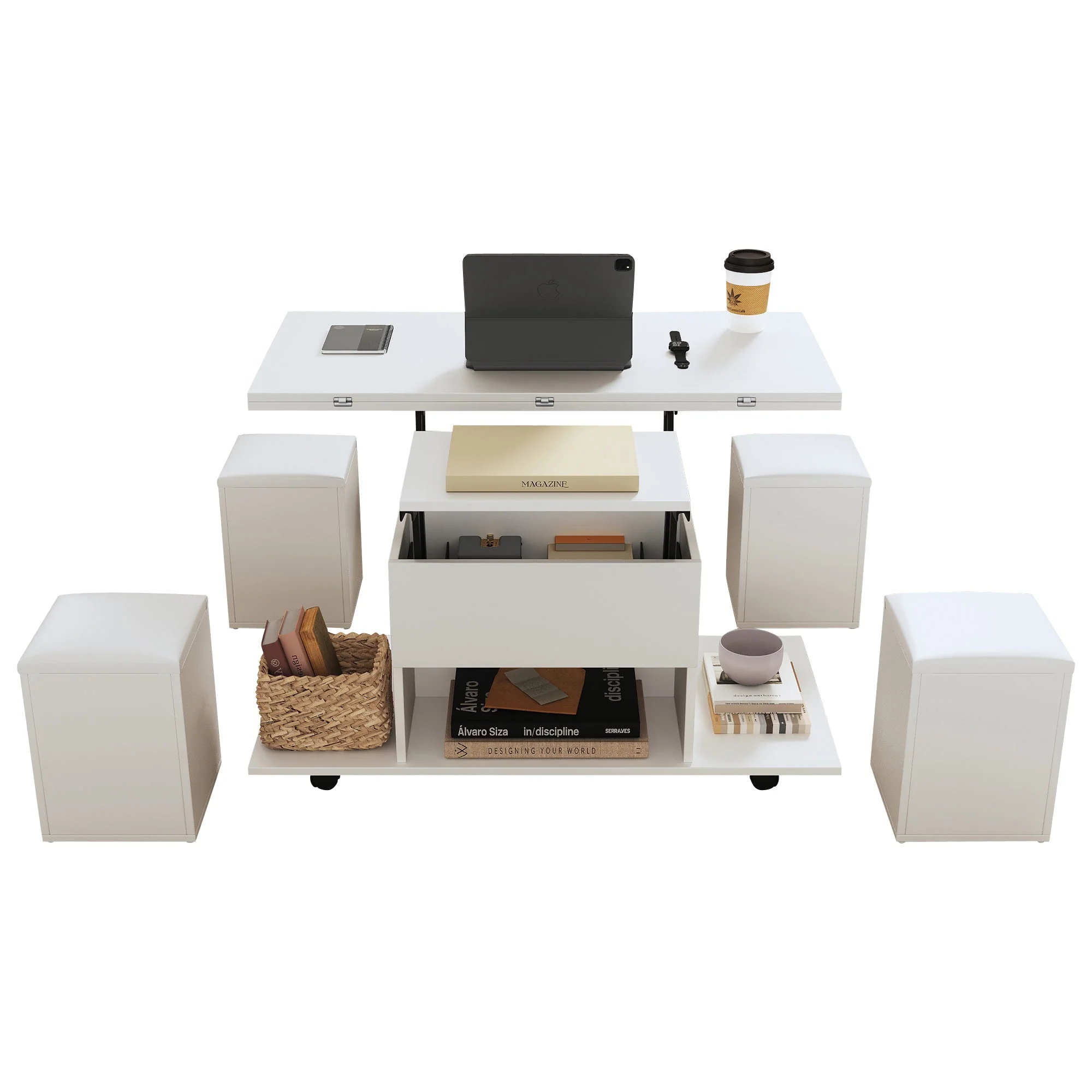 Liftable Coffee Table, Multifunctional with 2 Opening Tabletops, White - Image 10