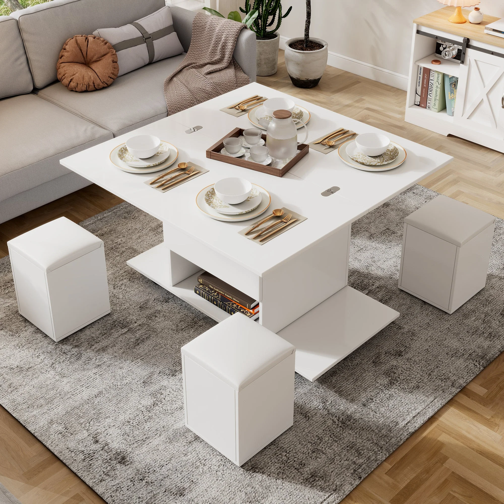 Liftable Coffee Table, Multifunctional with 2 Opening Tabletops, White - Image 3