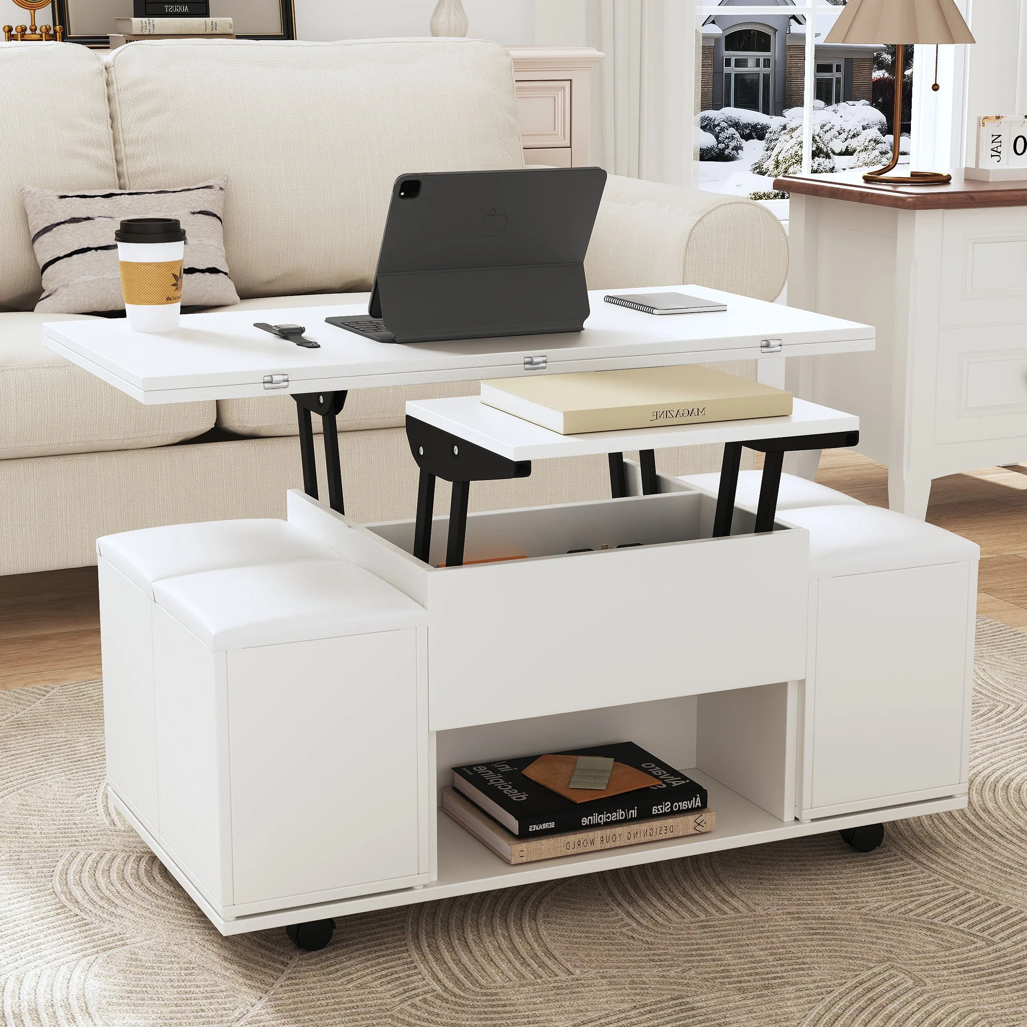 Liftable Coffee Table, Multifunctional with 2 Opening Tabletops, White - Image 4